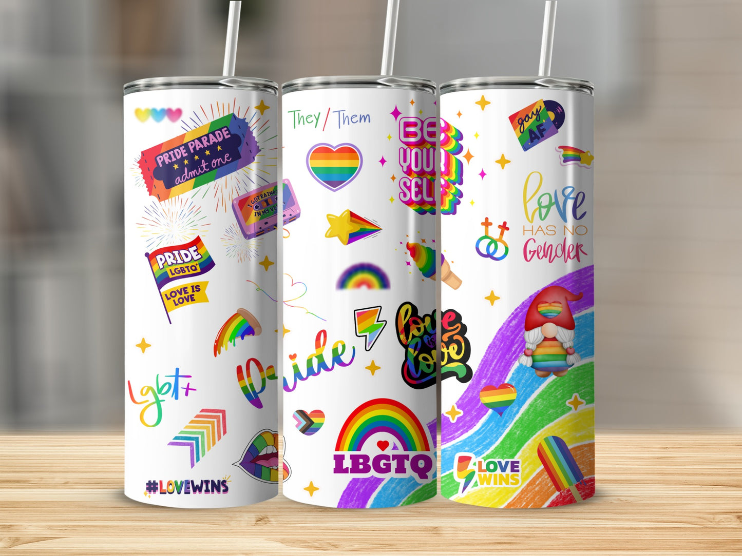 Pride-themed tumblers with LGBTQ+ designs, hearts, and text like "LGBTQ" and "#LOVEWINS."