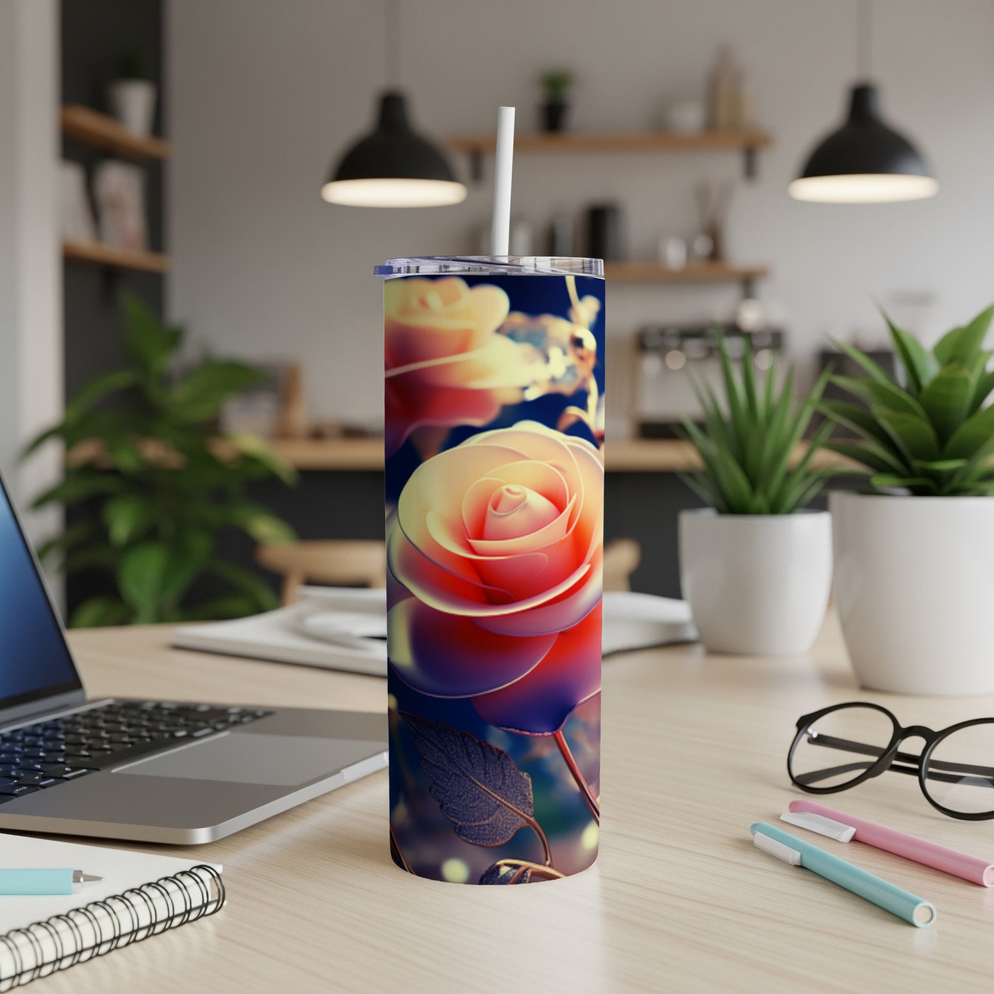 Pink and yellow rose on a stainless steel tumbler with straw on a desk.