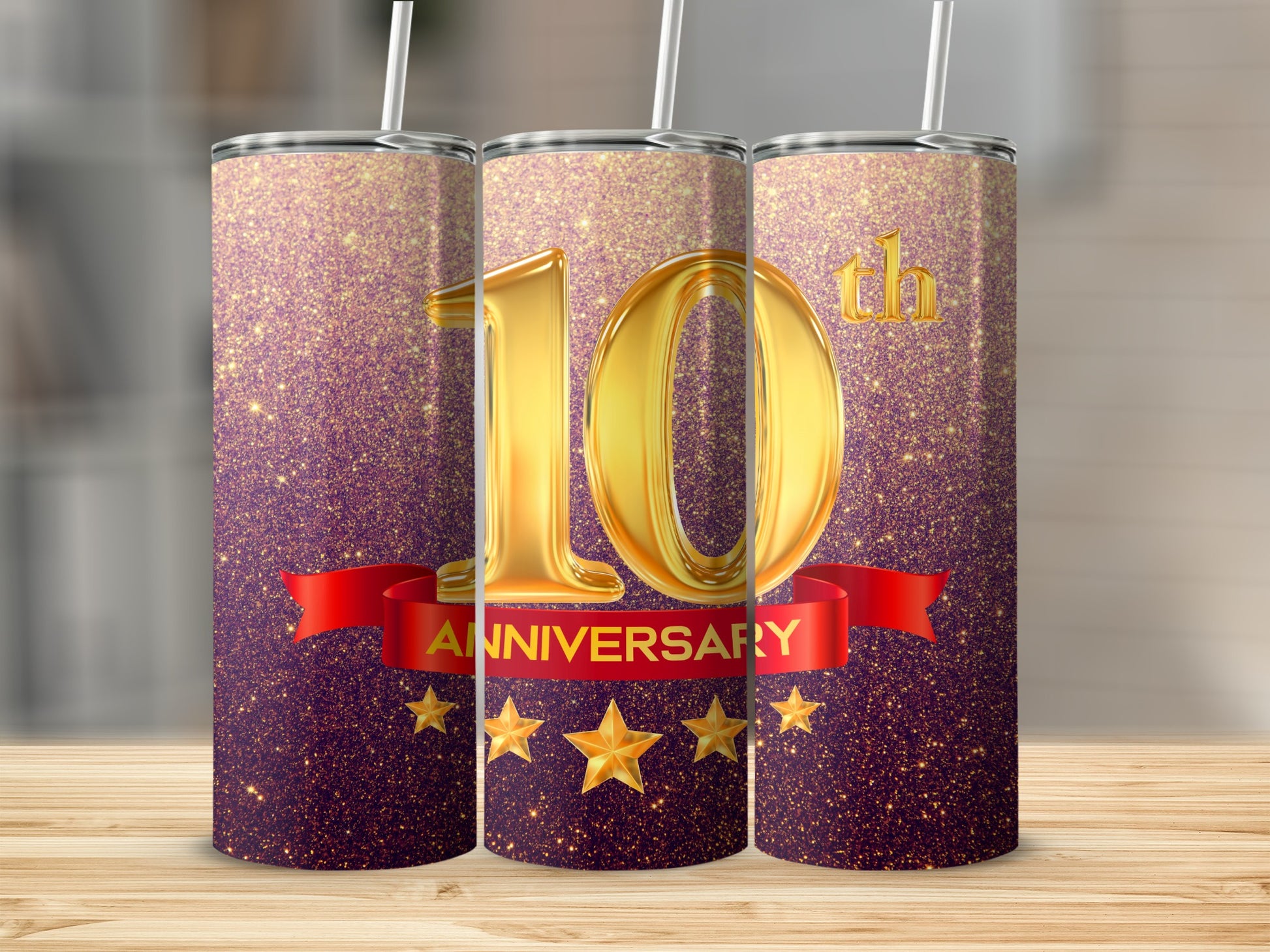 Gold "10th Anniversary" text on a sparkling purple background with stars.