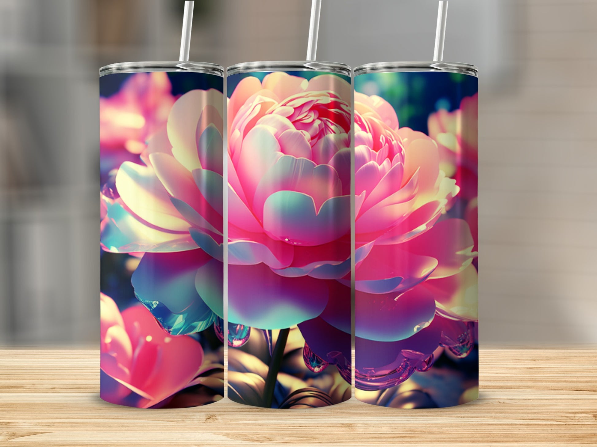 Three pink and blue floral tumblers with straws on a wooden surface.