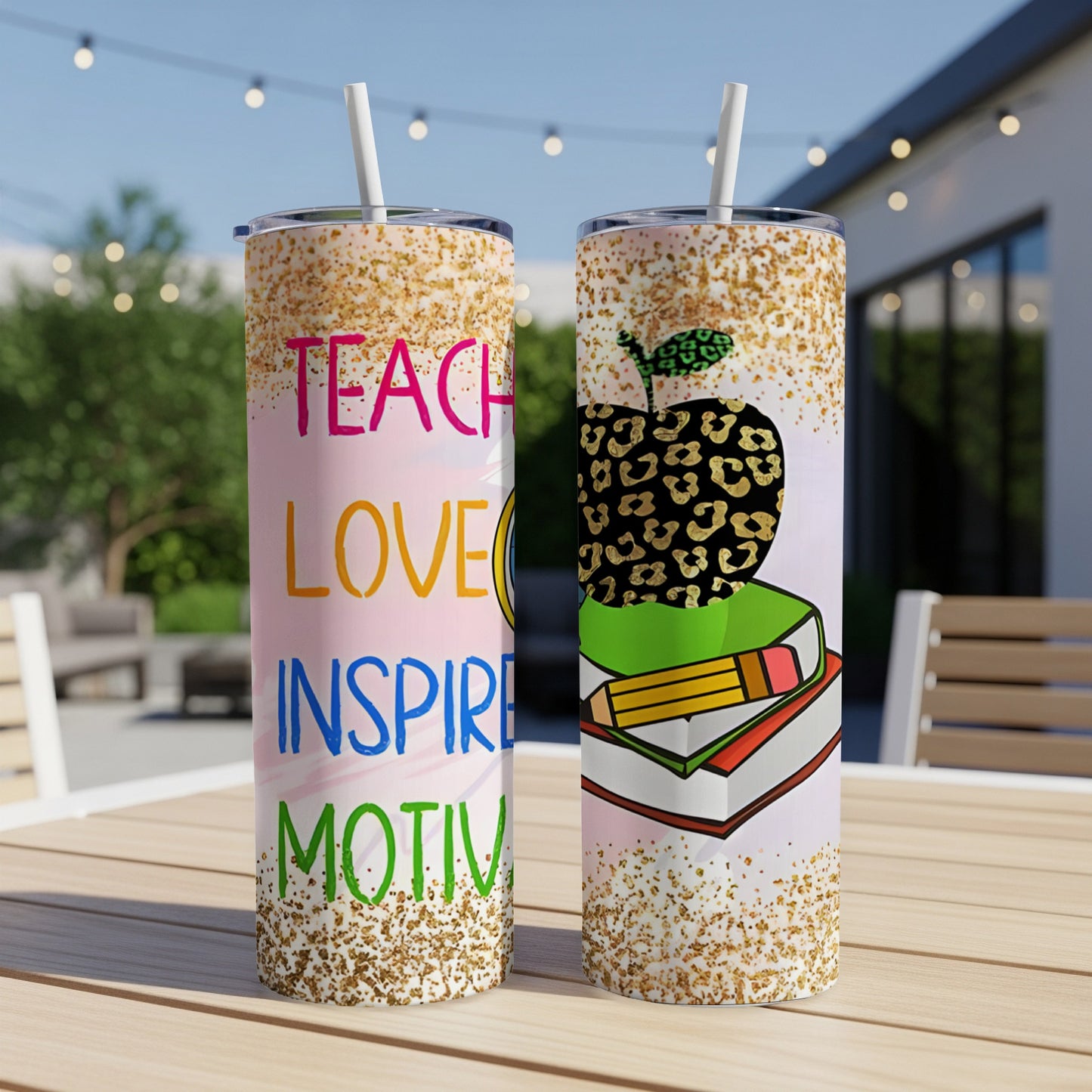 Two tumblers with "TEACH LOVE INSPIRE MOTIVATE" and apple on books designs.