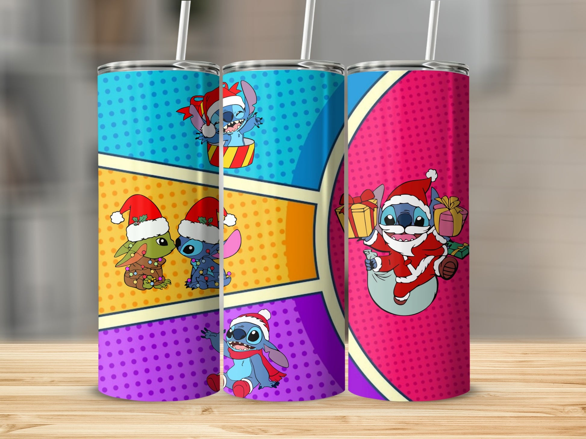 Colorful Festive Tumblers Featuring Cartoon Characters