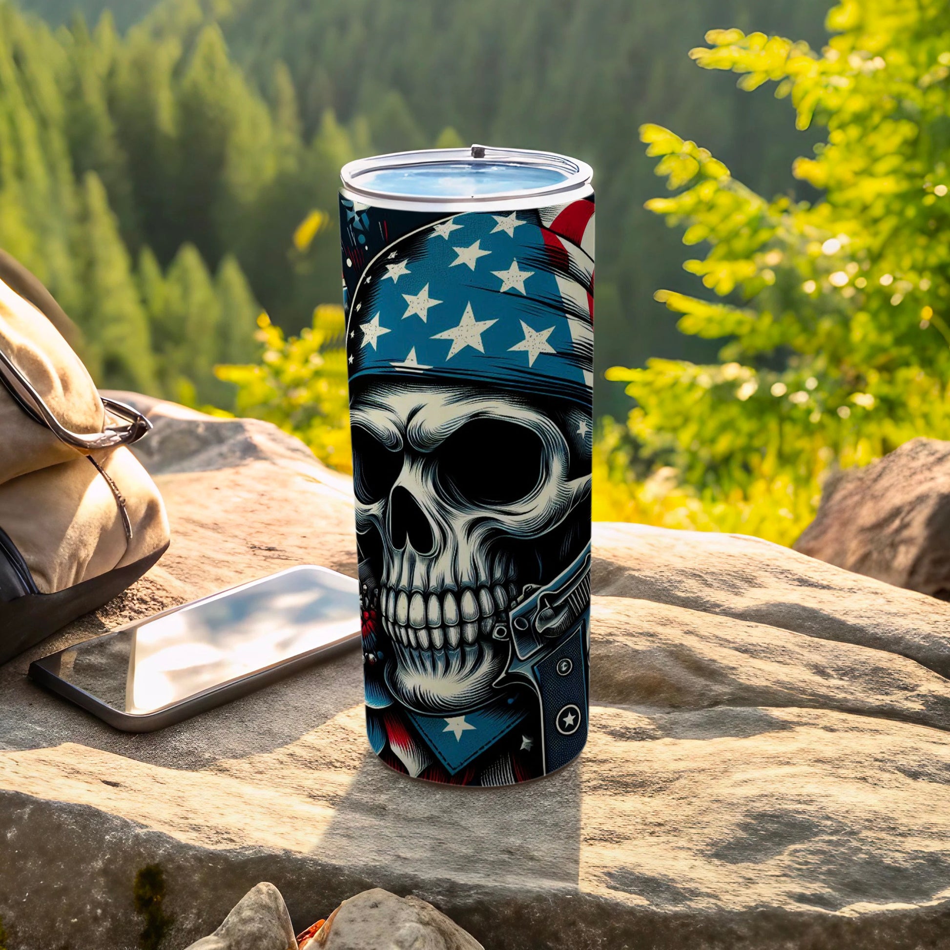 Skull with patriotic American flag helmet and armor design on a tumbler.