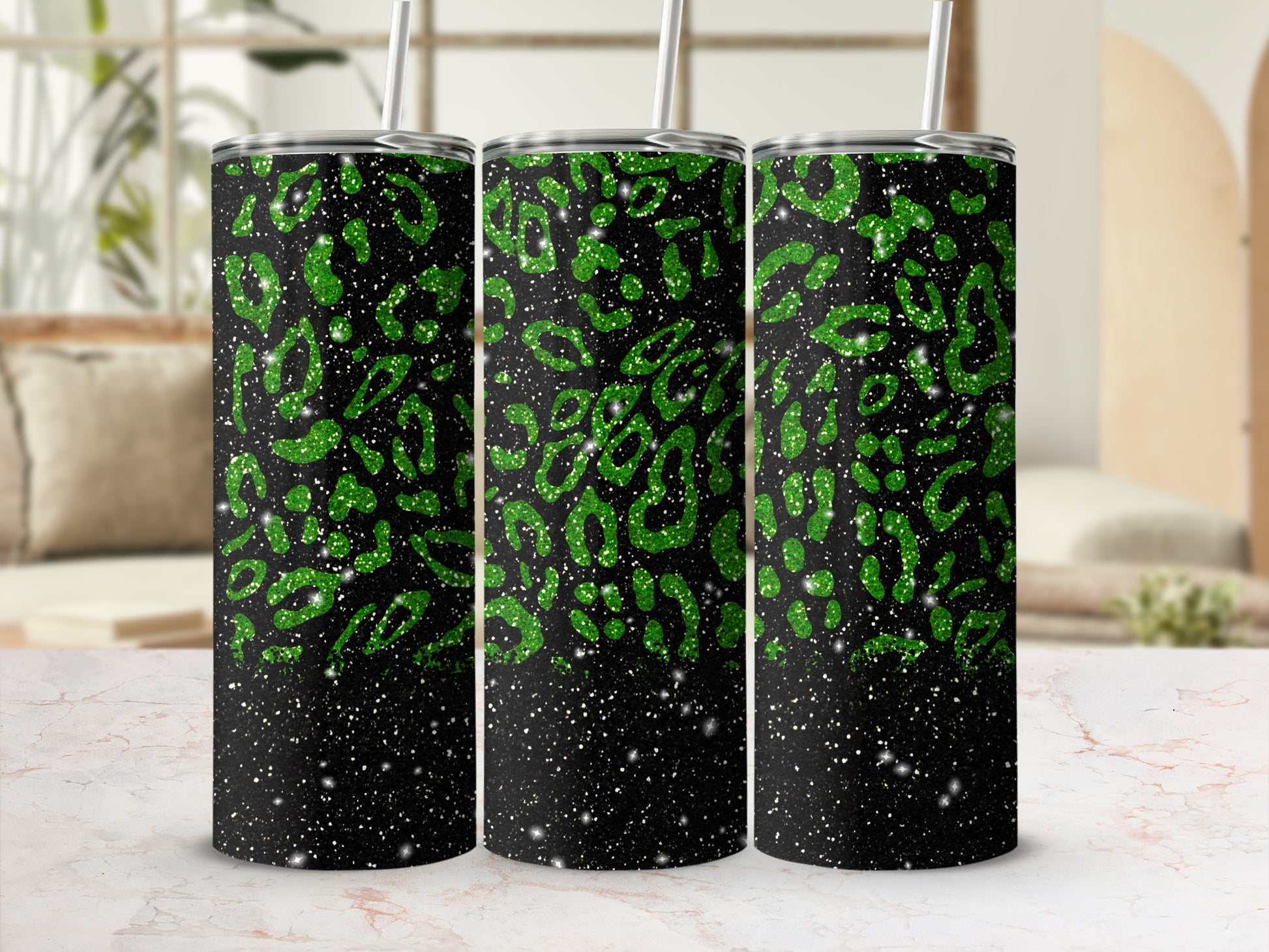 Green leopard print glitter tumbler with stars on black background.