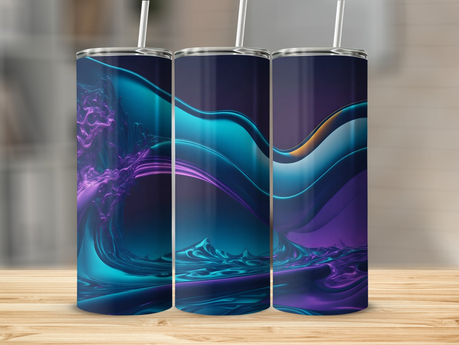 Three tumblers with abstract purple and teal wavy designs on a wooden surface.