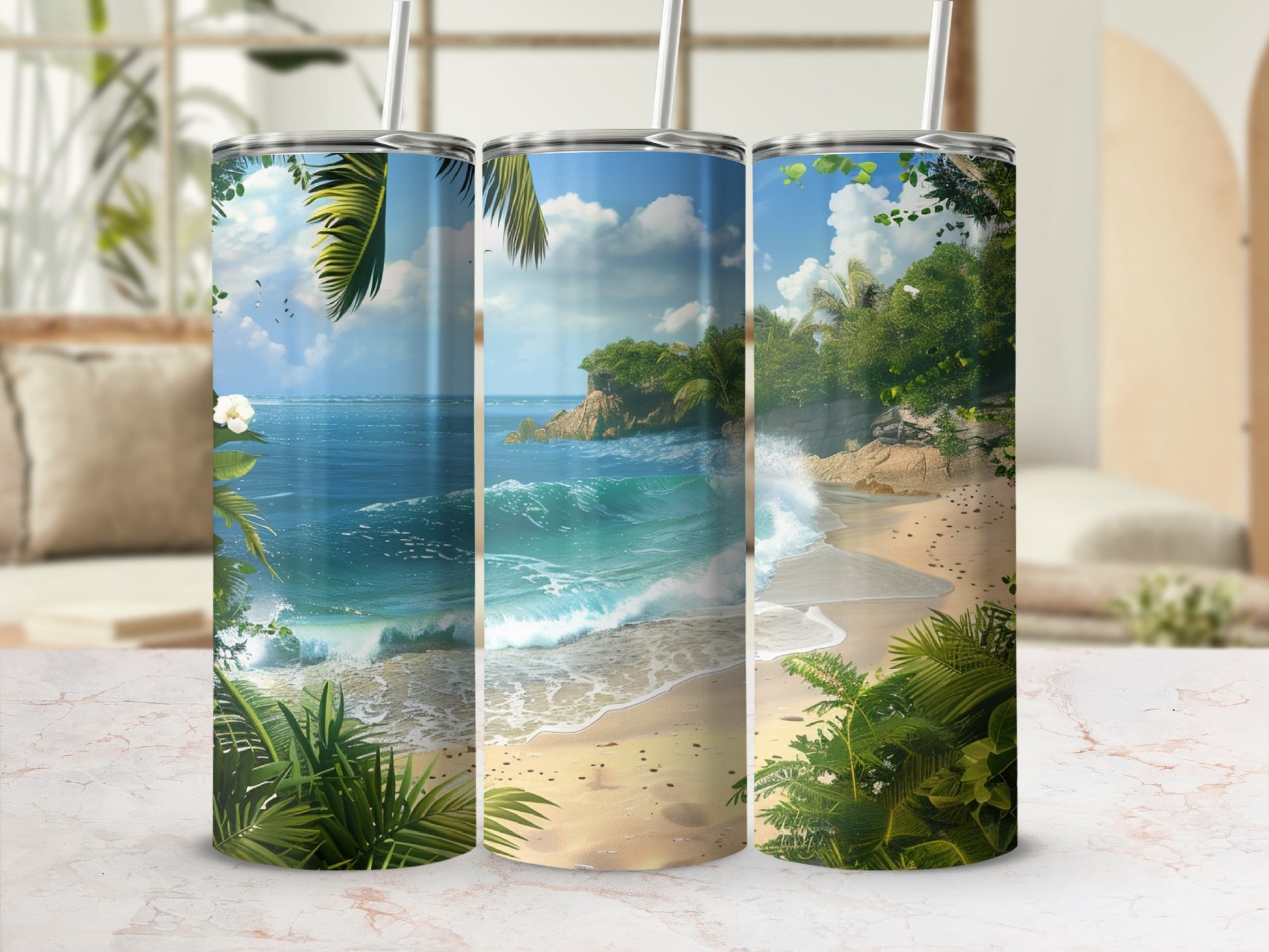 Tropical beach scene with ocean waves and palm trees on a tumbler.