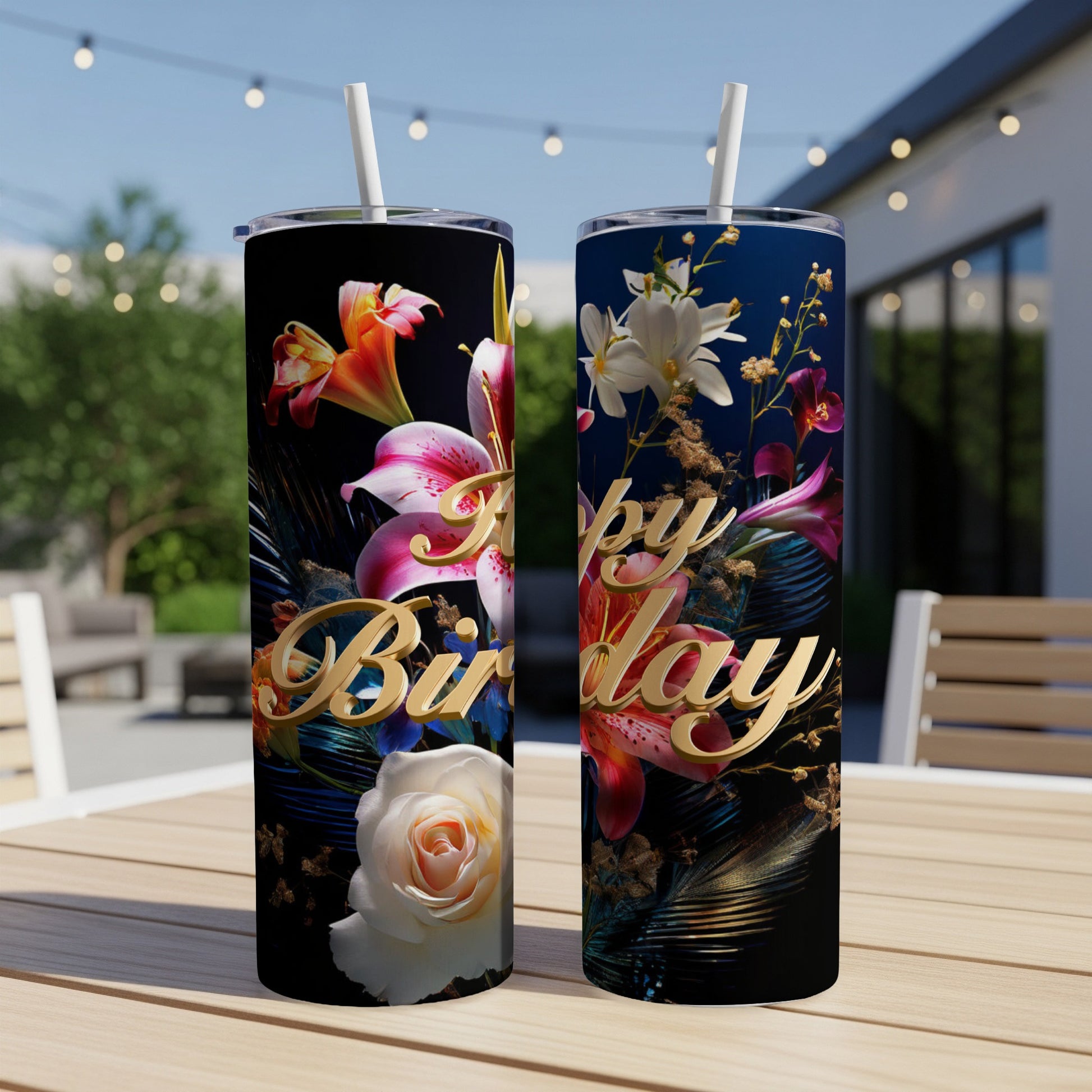Two tumblers with "Happy Birthday" and floral designs.