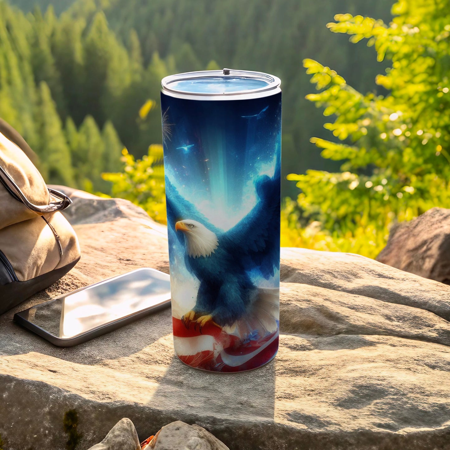 Eagle with American flag art on a blue starry background on a tumbler.