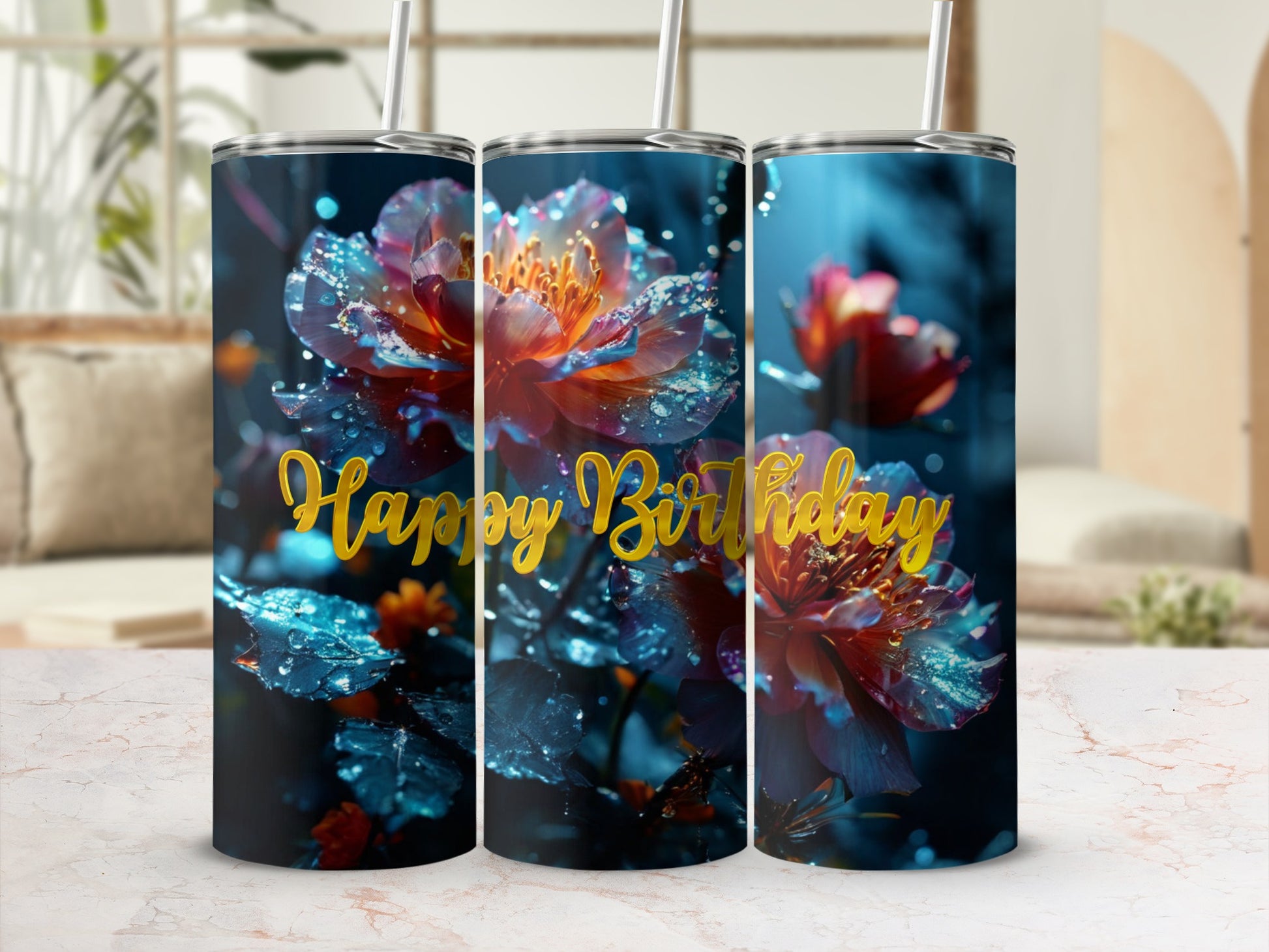 Tall tumbler with "Happy Birthday" text on a floral background.