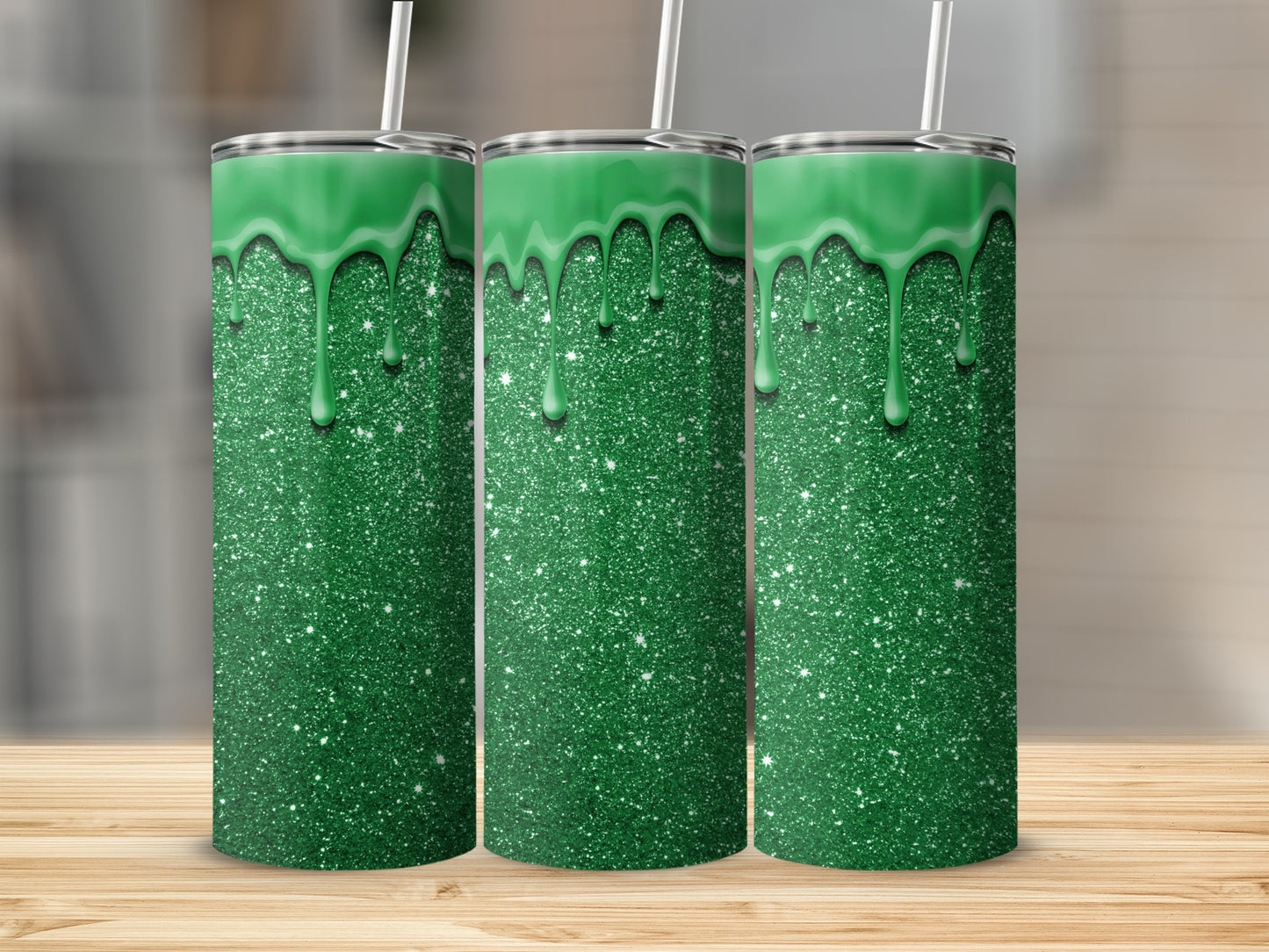 Green Glitter Drip Design Stainless Steel Tumbler