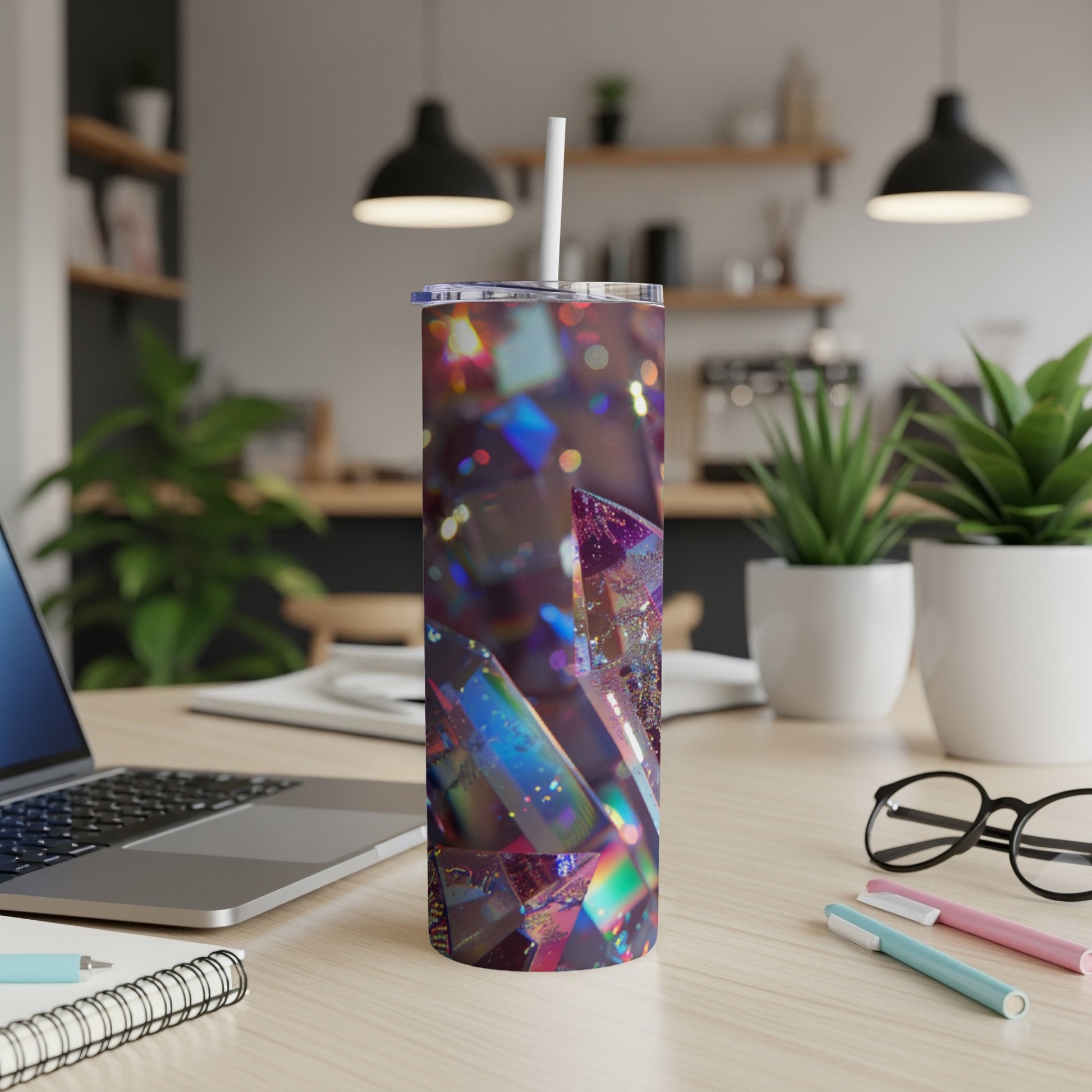Glittery geometric tumbler with straw on a desk with a laptop and pens.