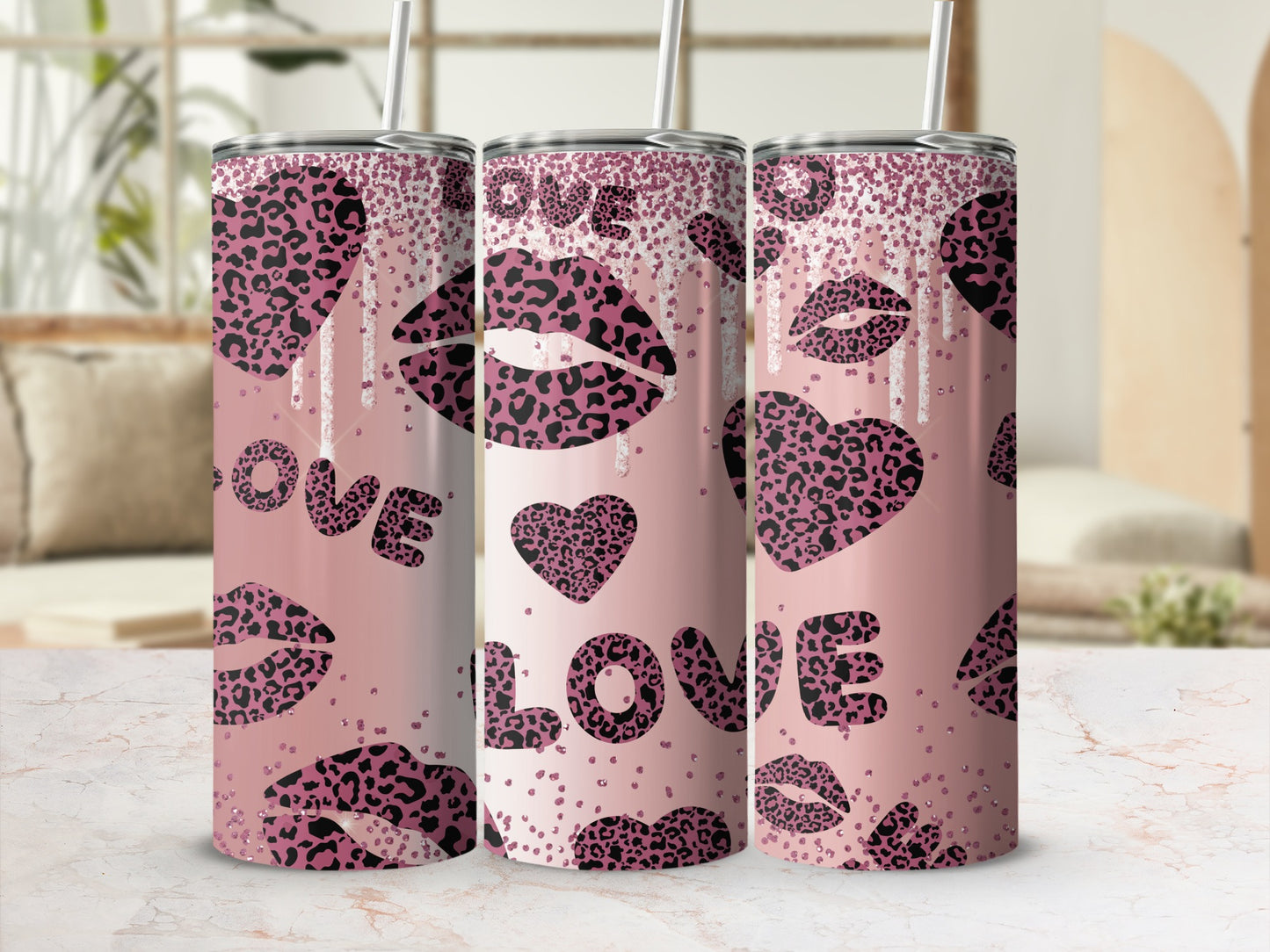 Pink Leopard Print Love Hearts and Lips Tumbler