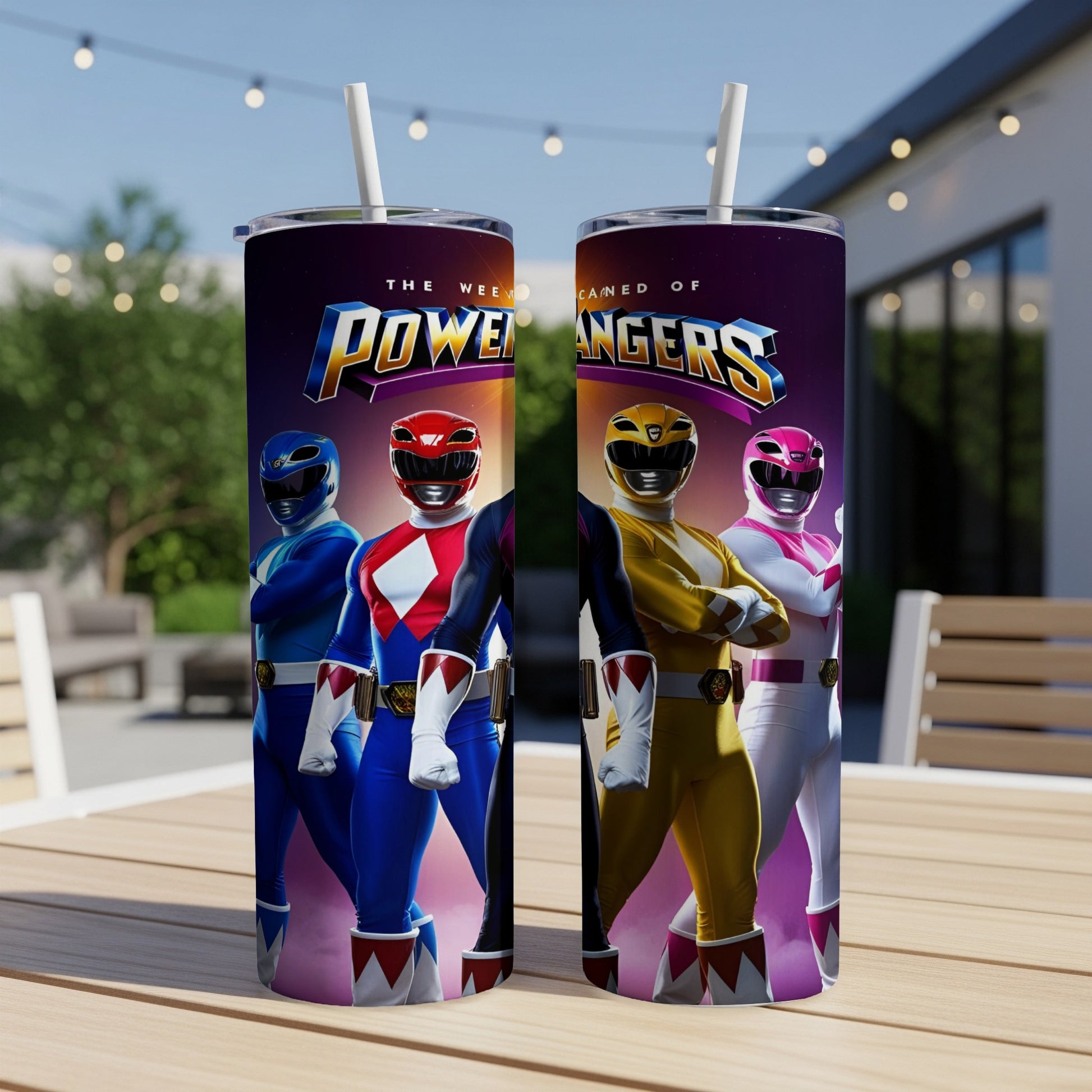 Two Power Rangers tumblers on a table, featuring original Mighty Morphin Power Rangers.