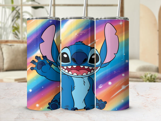 Stitch character on a colorful rainbow space background.