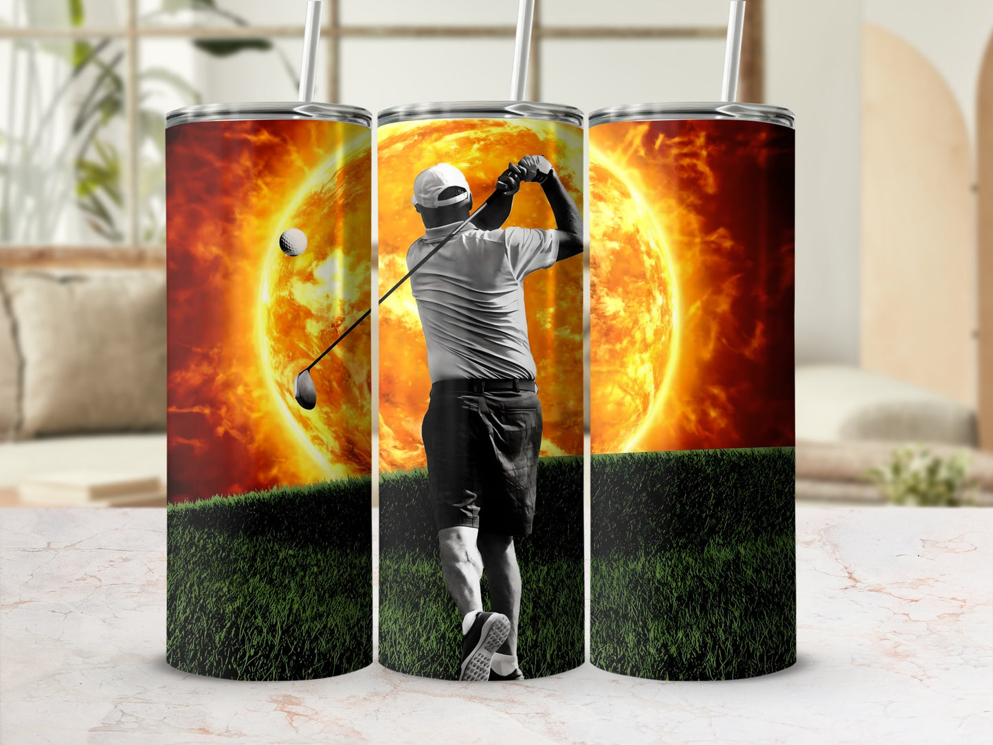 Stunning Golfer Swinging with Fiery Sun Background Tumbler