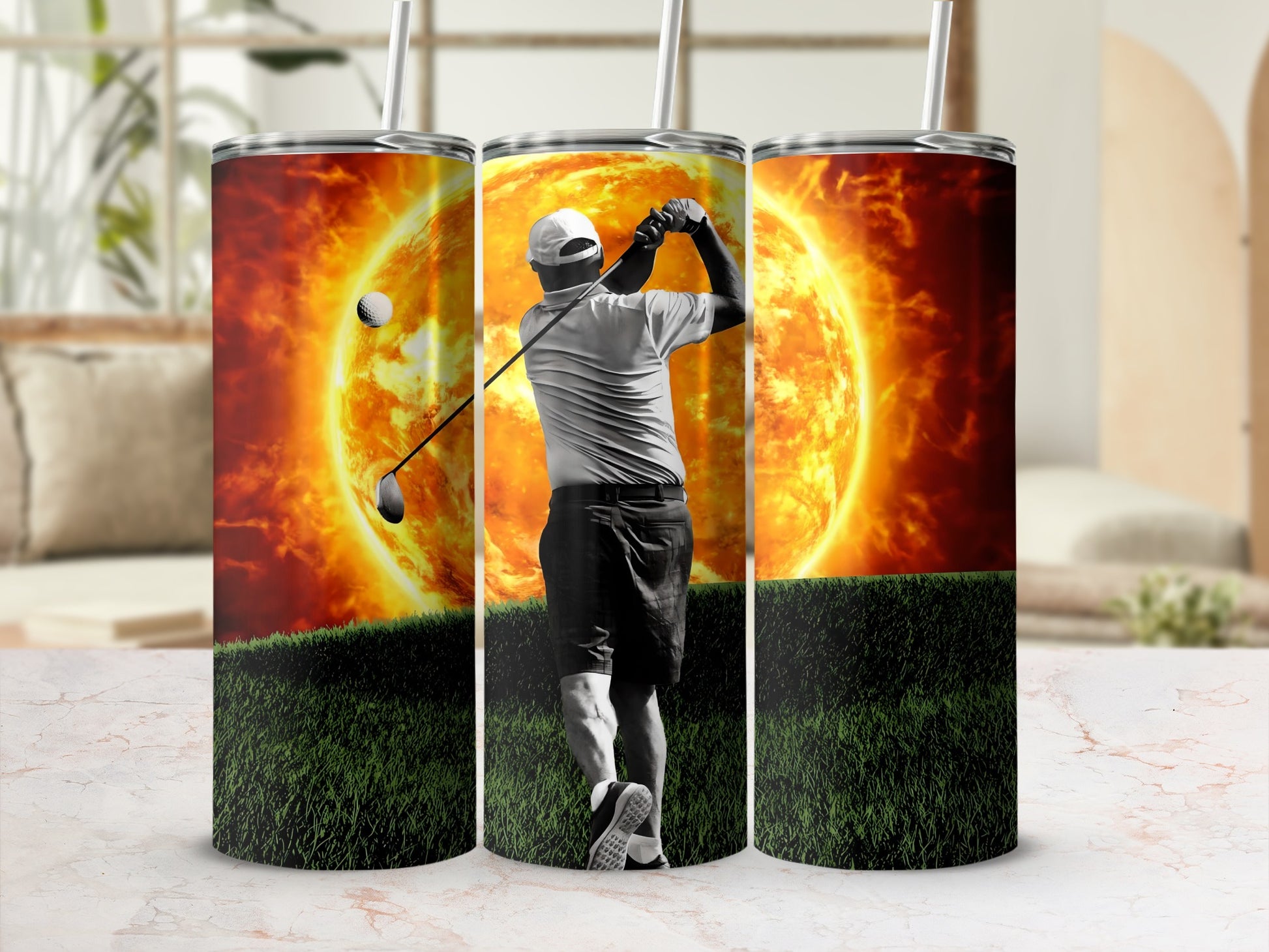 Stunning Golfer Swinging with Fiery Sun Background Tumbler