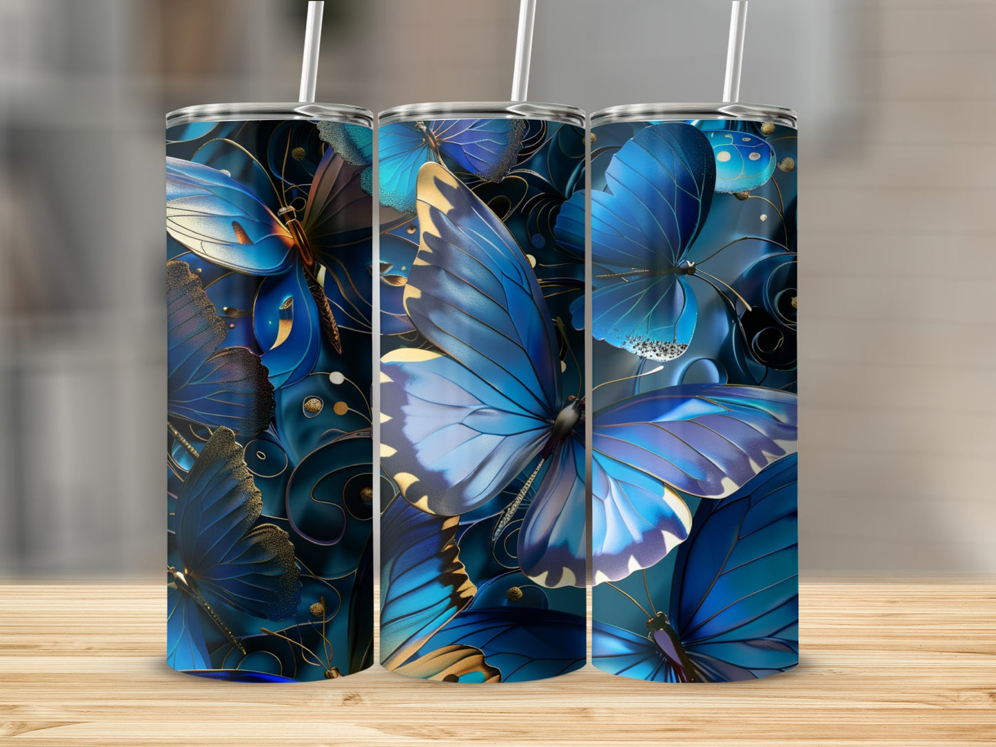 Blue butterflies with golden accents on a decorative background.