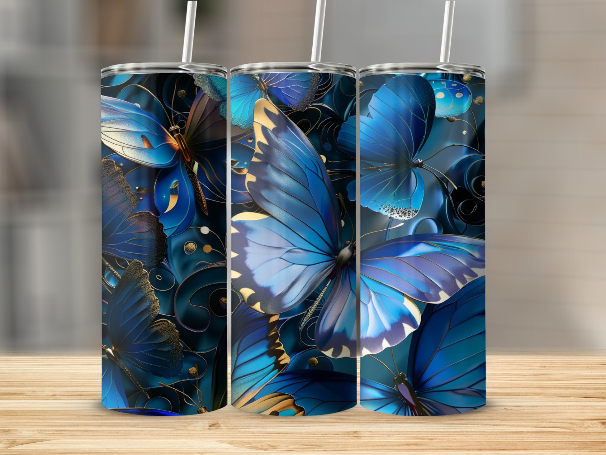 Blue butterflies with golden accents on a decorative background.
