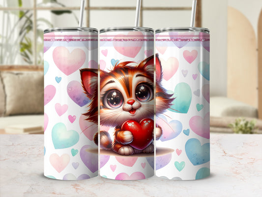 Three tumblers featuring a cute cartoon cat holding a red heart on a pastel heart background.
