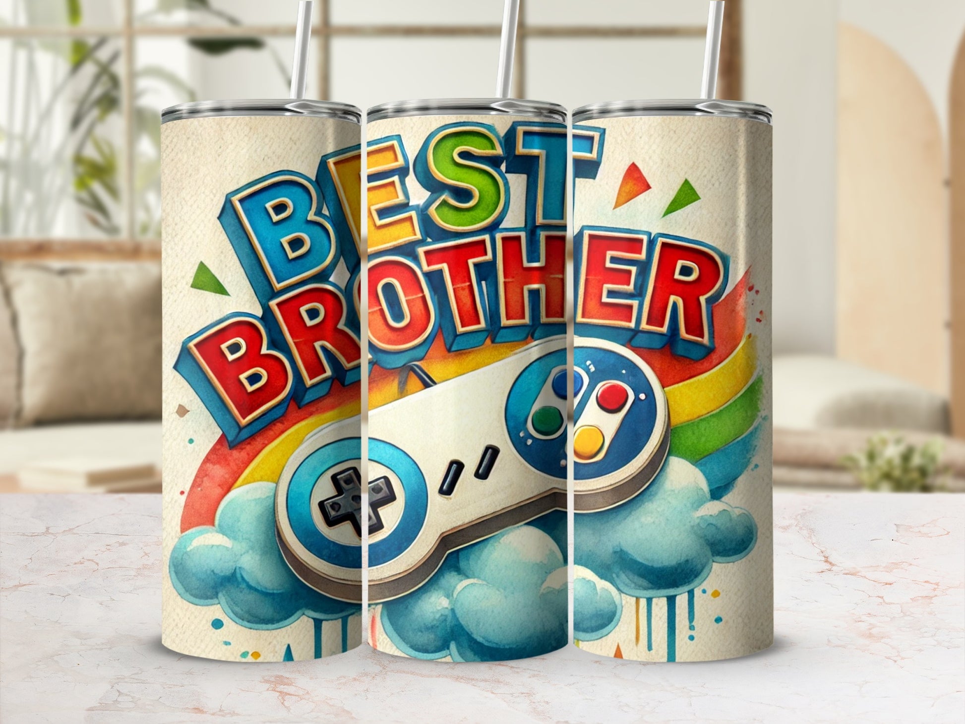 Tumbler with "BEST BROTHER" text and a retro video game controller.