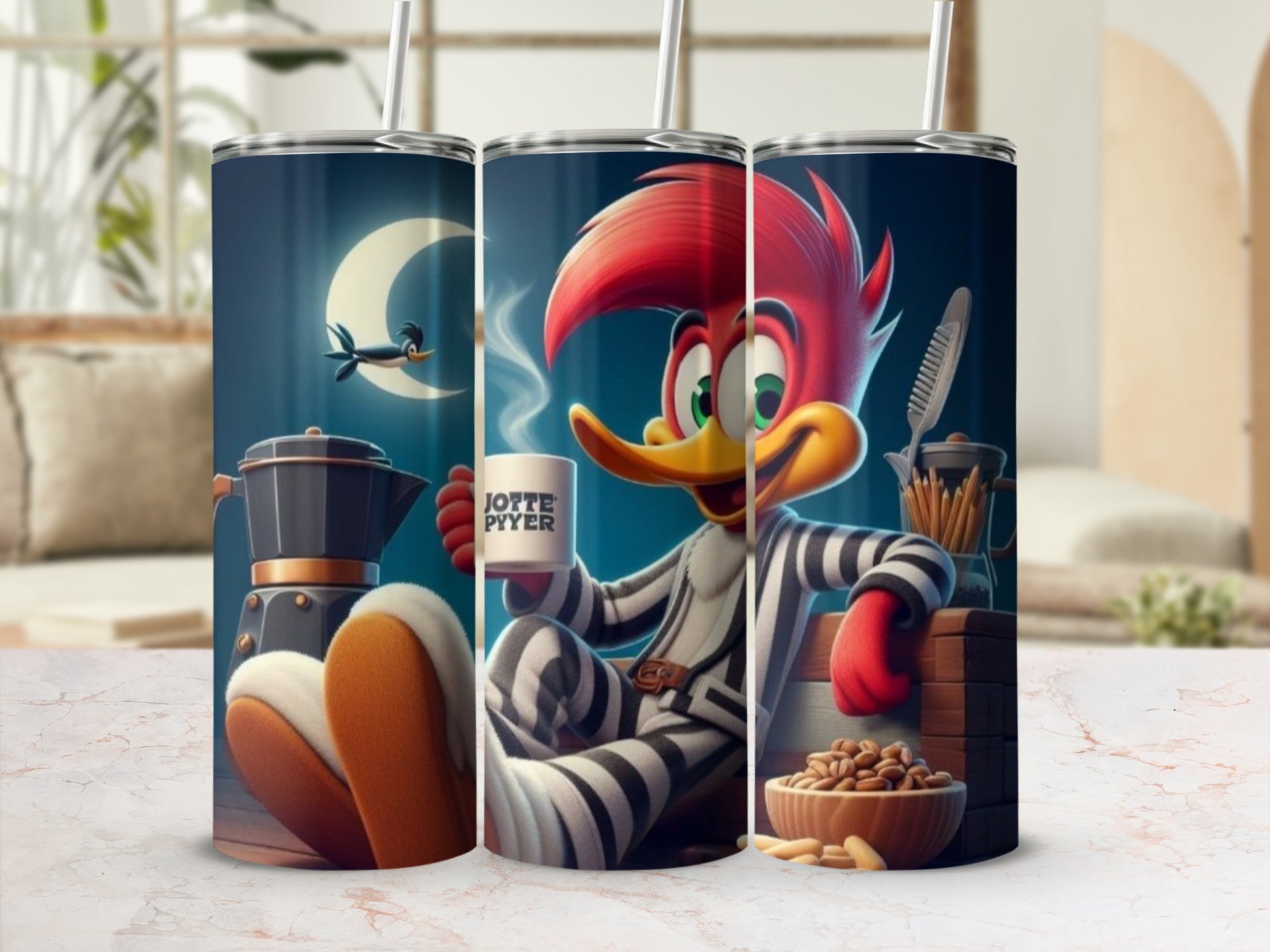 Cartoon Woodpecker Drinking Coffee and Relaxing Tumbler