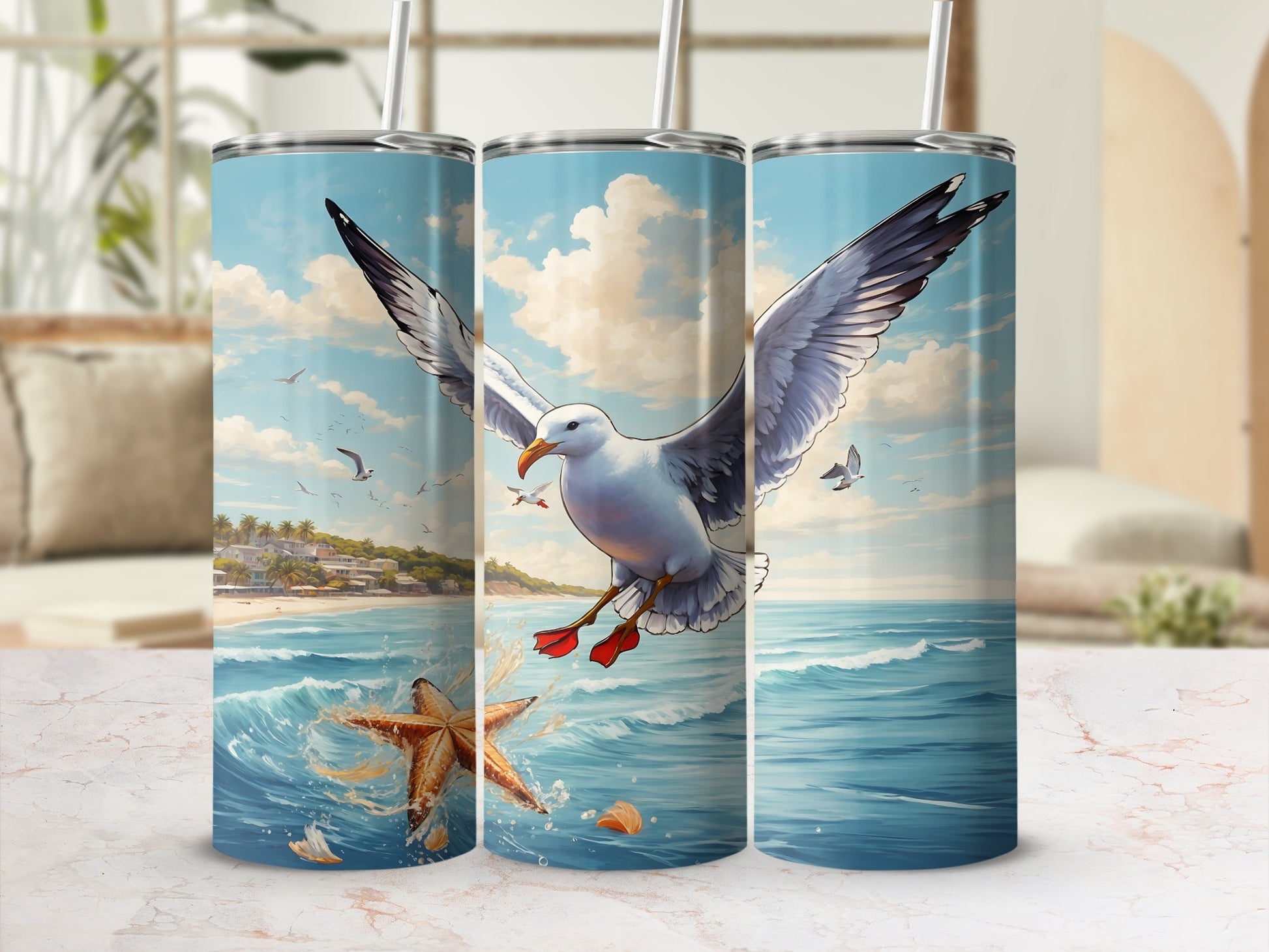 Seagull flying over ocean waves with starfish and beach town background.