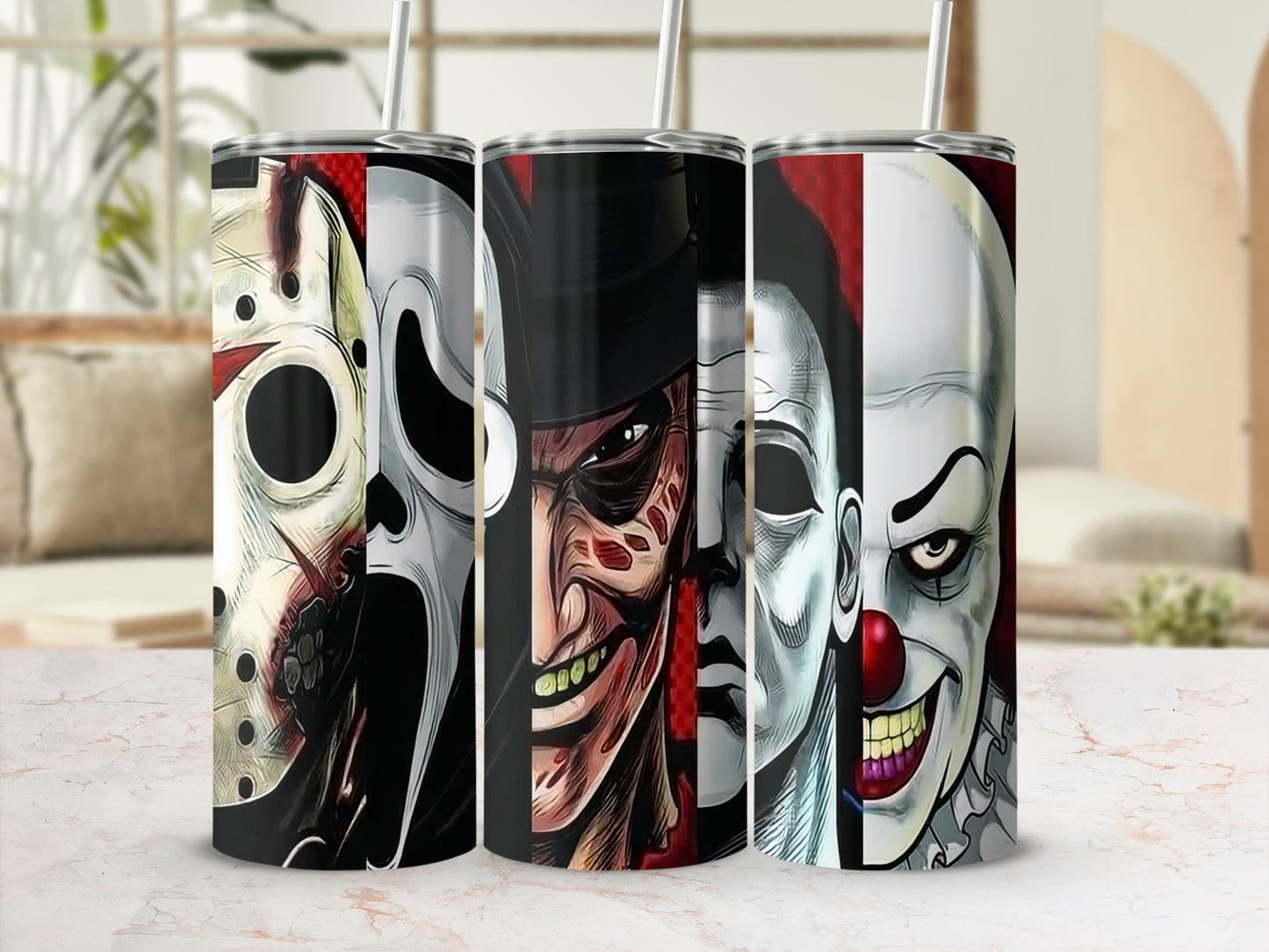 Horror movie characters on three cylindrical tumblers with straws.