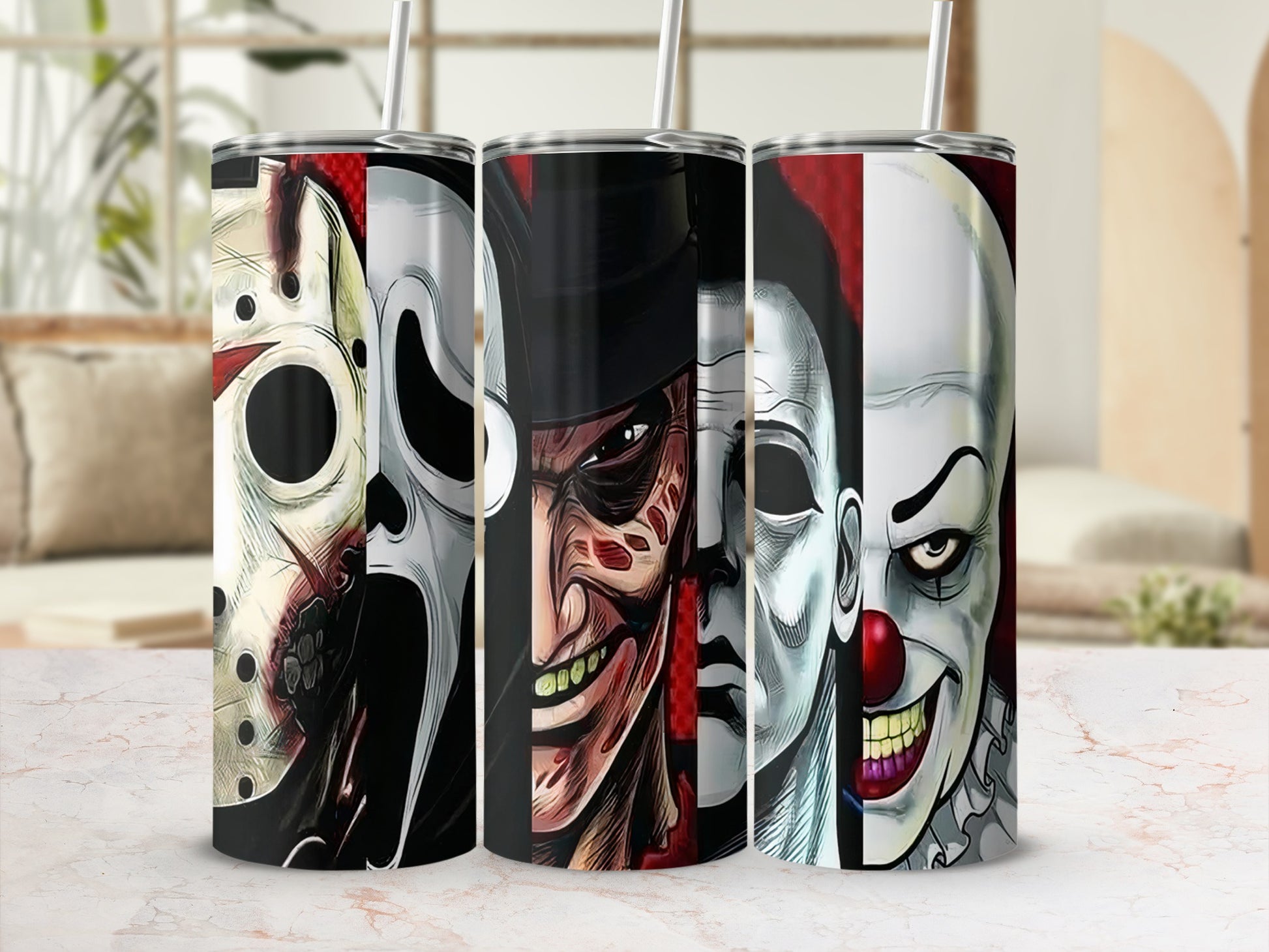 Horror movie characters on three cylindrical tumblers with straws.
