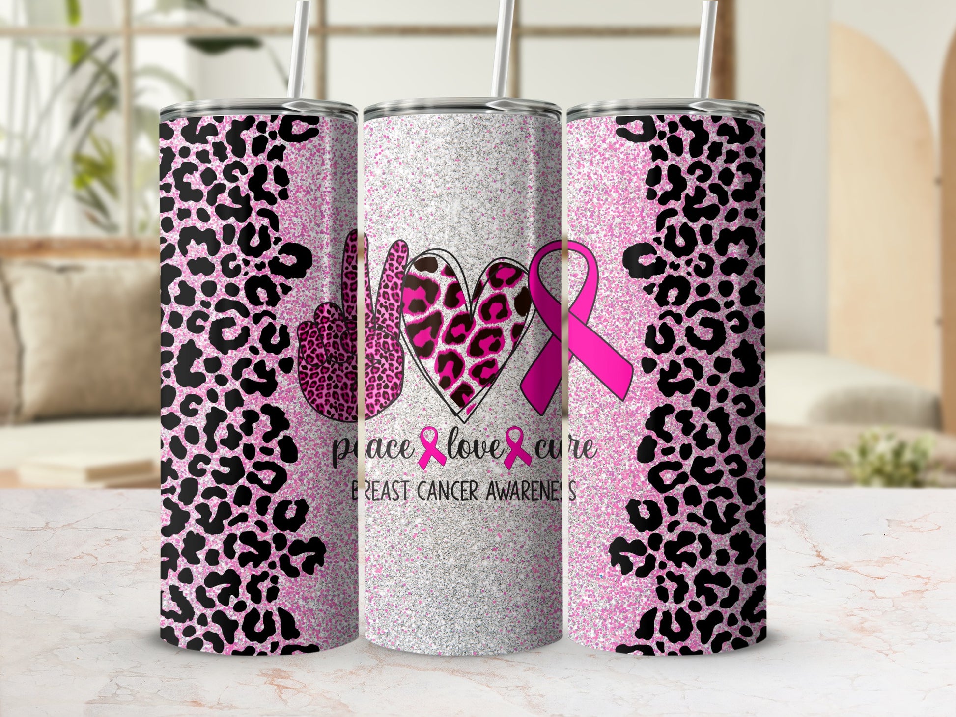 Pink leopard print tumbler with peace, love, cure, and breast cancer awareness design.