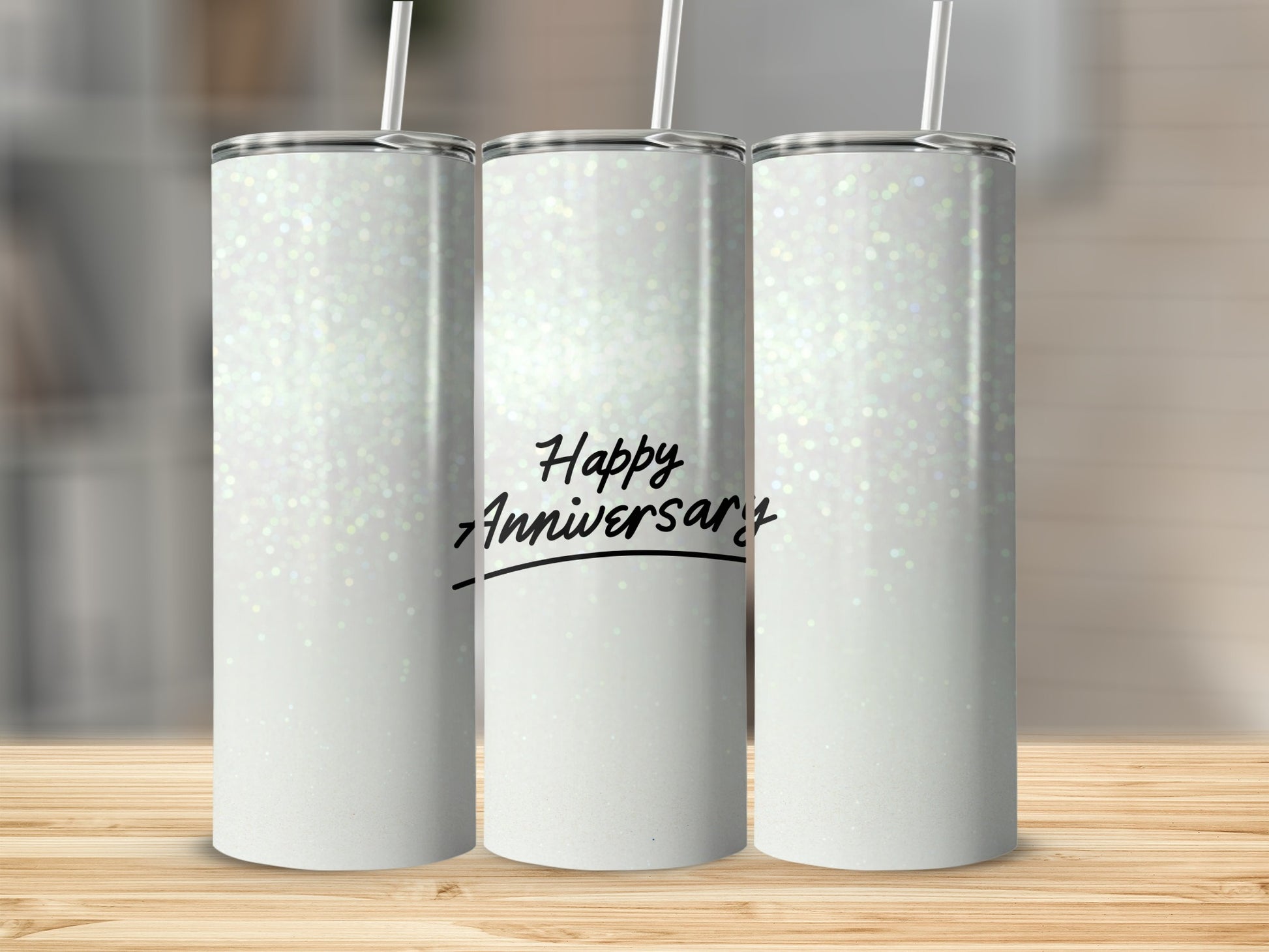 White glitter tumbler with "Happy Anniversary" text.