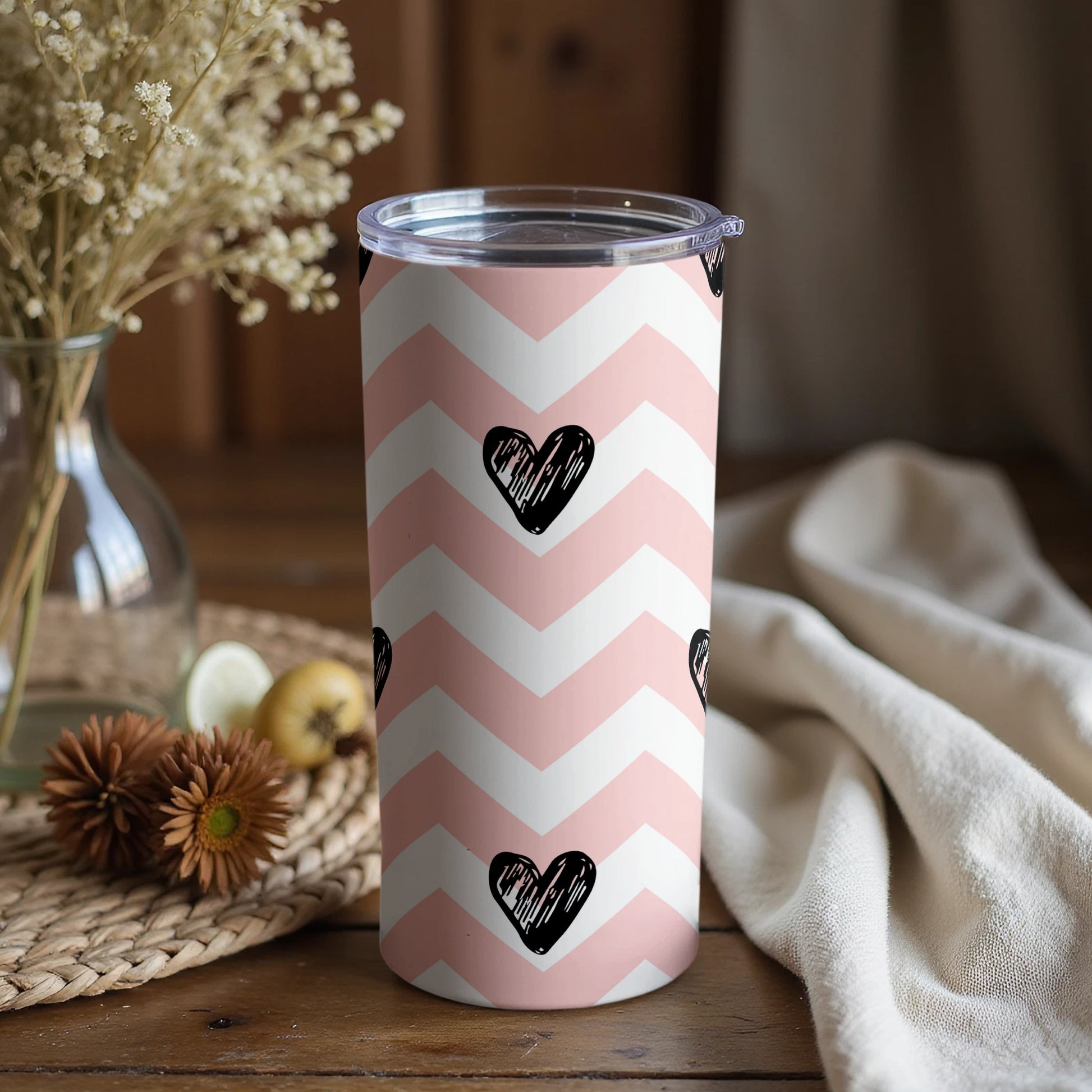 Pink and White Chevron Tumbler with Black Hearts