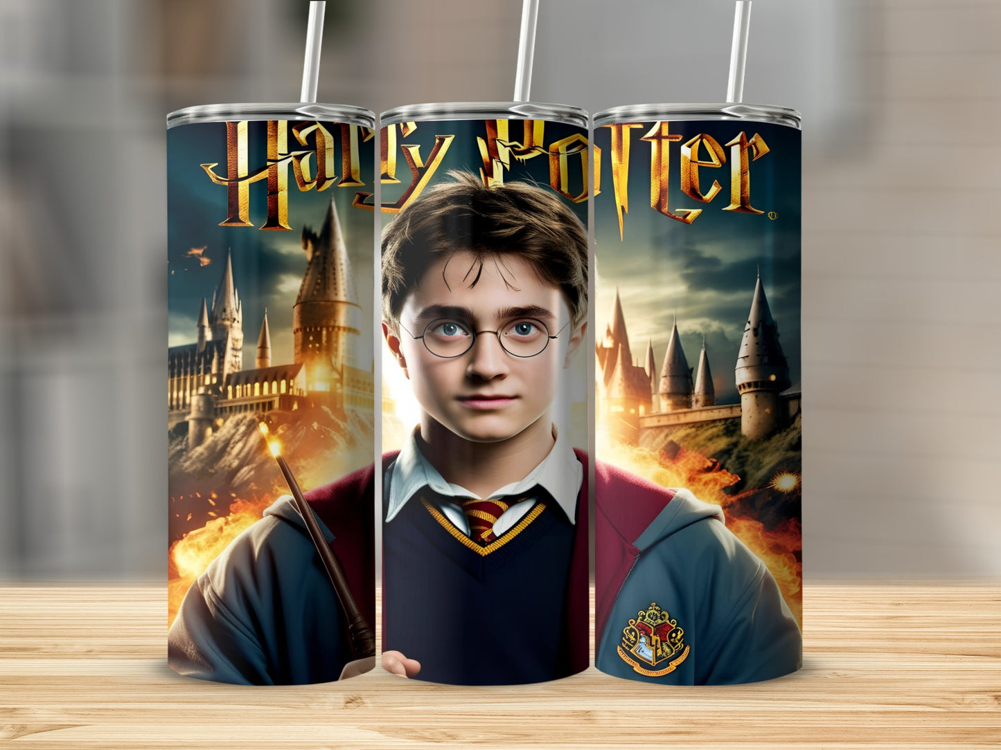 Harry Potter with Hogwarts castle background on a tumbler.