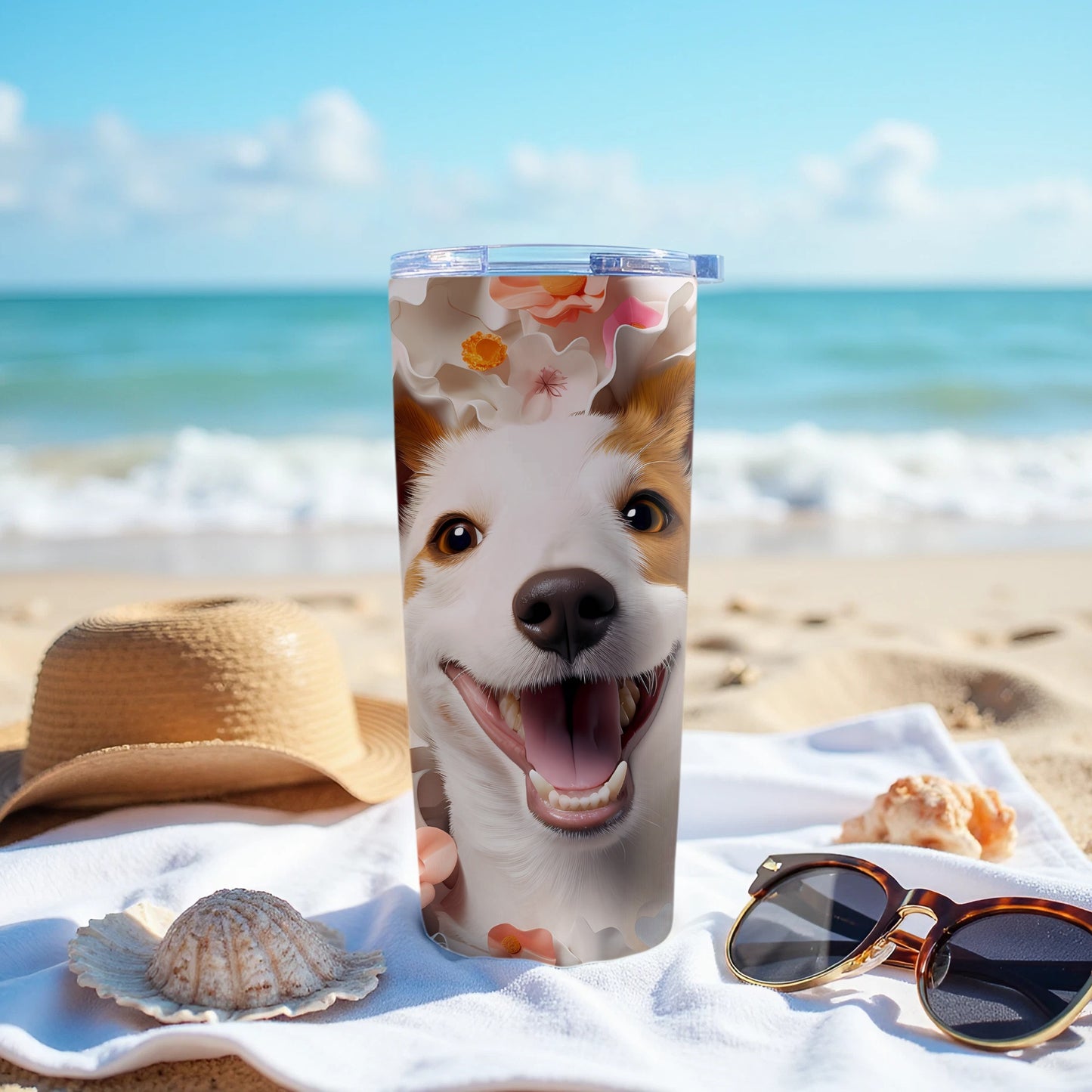 Smiling Puppy Flowers Beach Tumbler product type
Dog tumbler, Happy dog, Puppy smile, Flower design, Beach theme, Ocean waves, Sand beach, Summer vibes, Vacation drinkware, Pet lover gift, Animal print, Cute dog, Floral tumbler, Travel mug, Drink container, Beach day, Sunny design, Tropical print, Happy pet, Water bottle