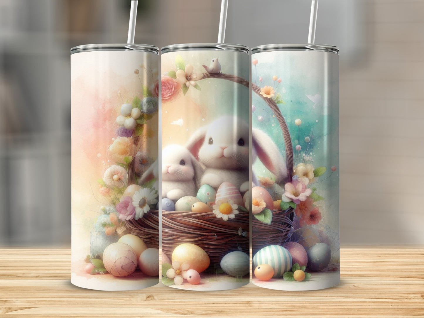 Easter bunnies in a basket with colorful eggs and flowers.