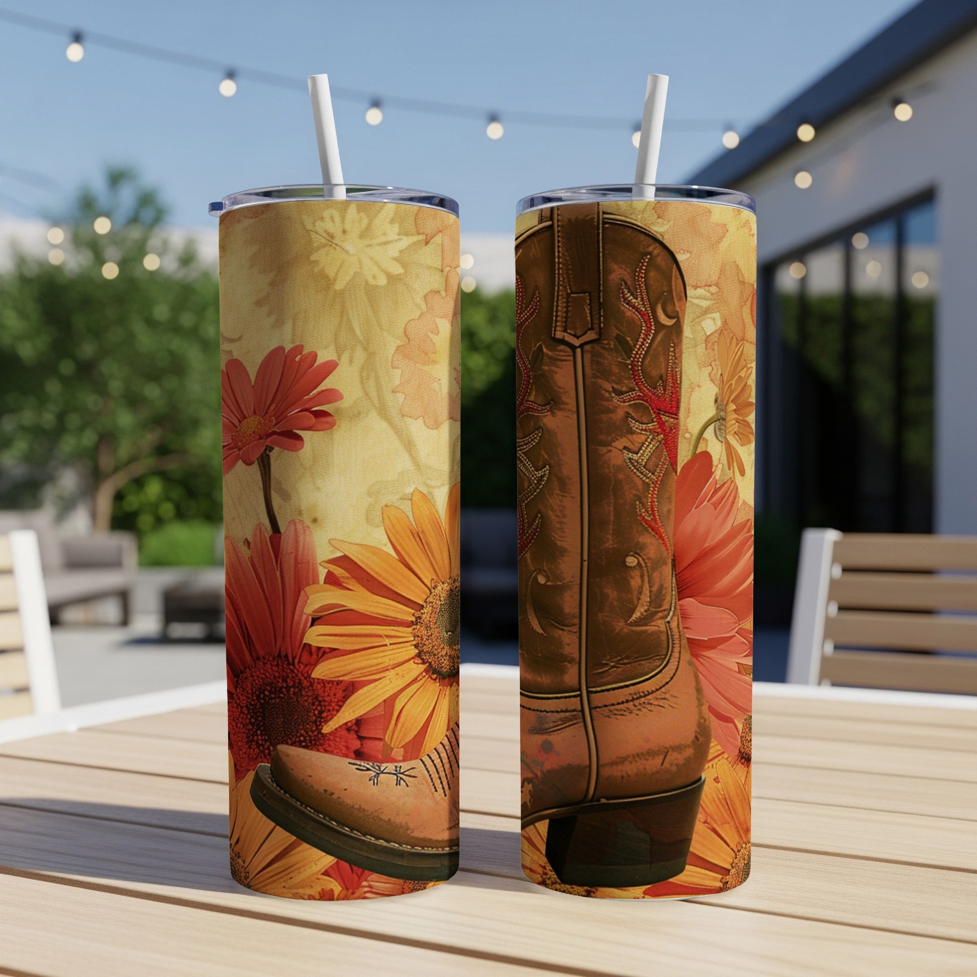Two tall, skinny tumblers with cowboy boots and floral patterns.