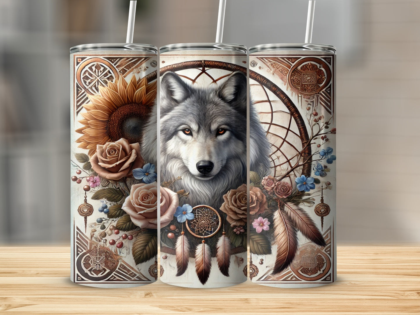 Wolf and Floral Dreamcatcher Art Design Tumbler
