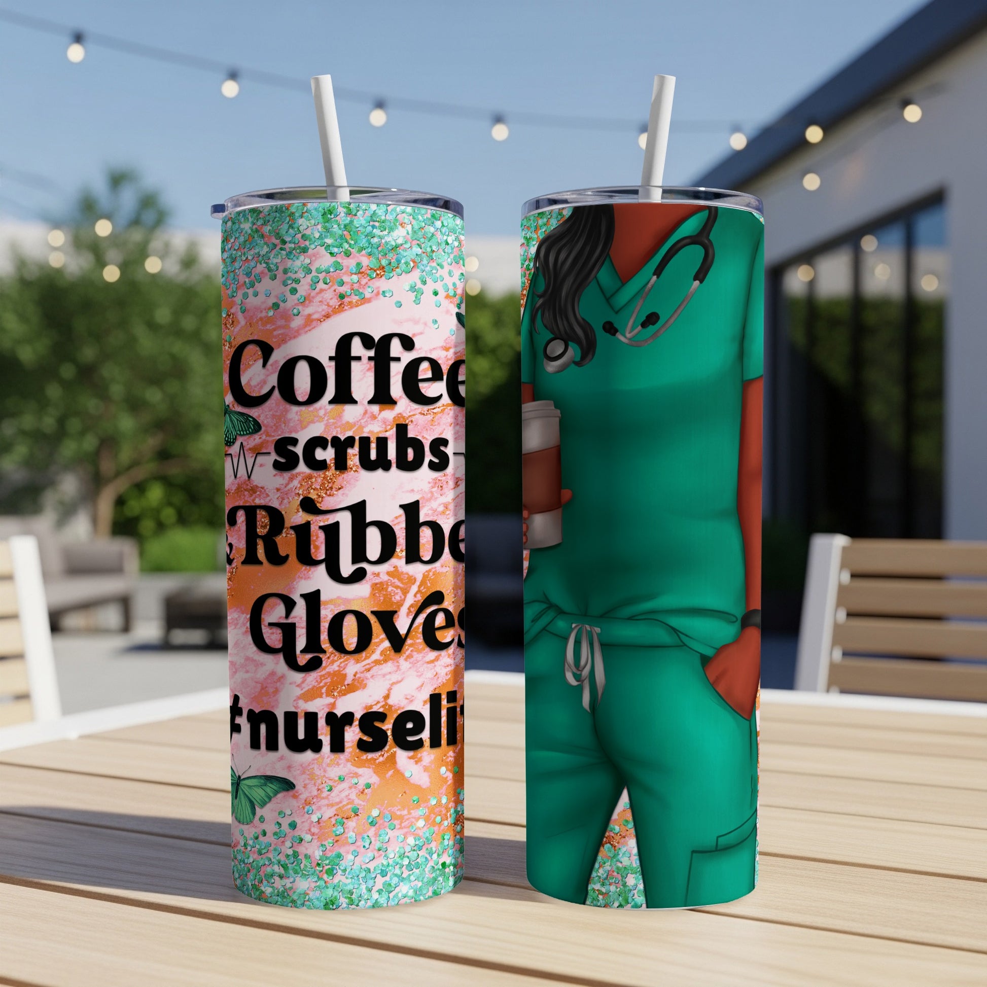 Two tumblers with nurse-themed designs, one with text "Coffee scrubs Rubber Gloves #nurselife."