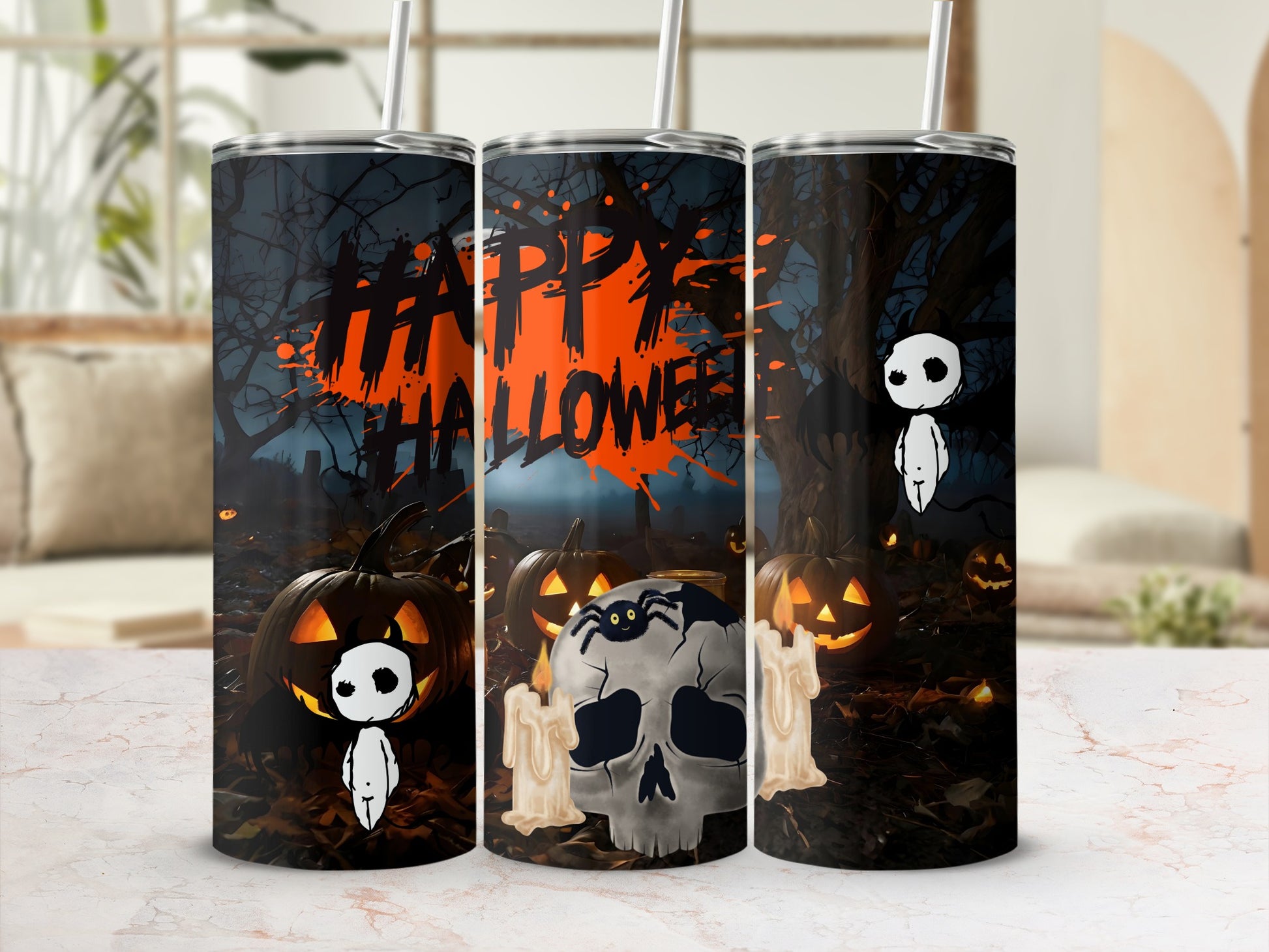 Creepy Halloween Themed Tumbler with Pumpkins and Skulls