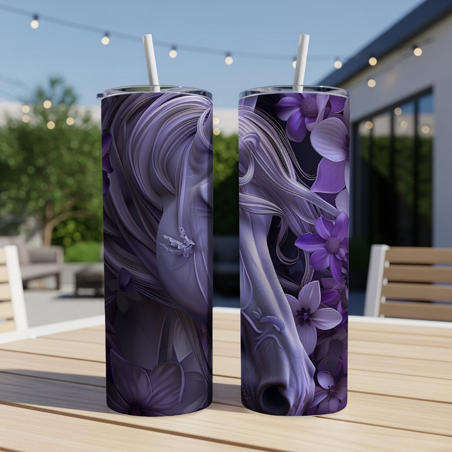 Two purple tumblers with a unicorn and floral design.