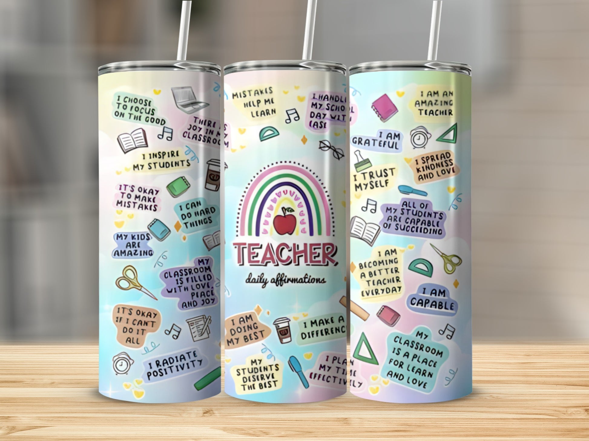 Teacher daily affirmations tumbler with rainbow and positive quotes.