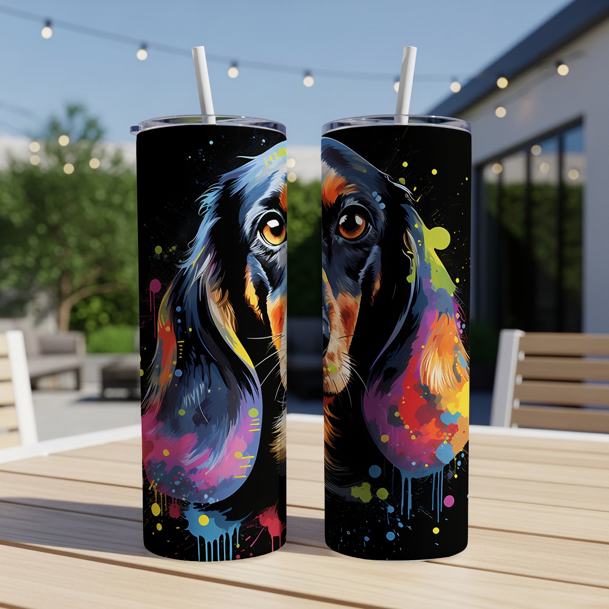 Two tumblers with a colorful dachshund portrait.