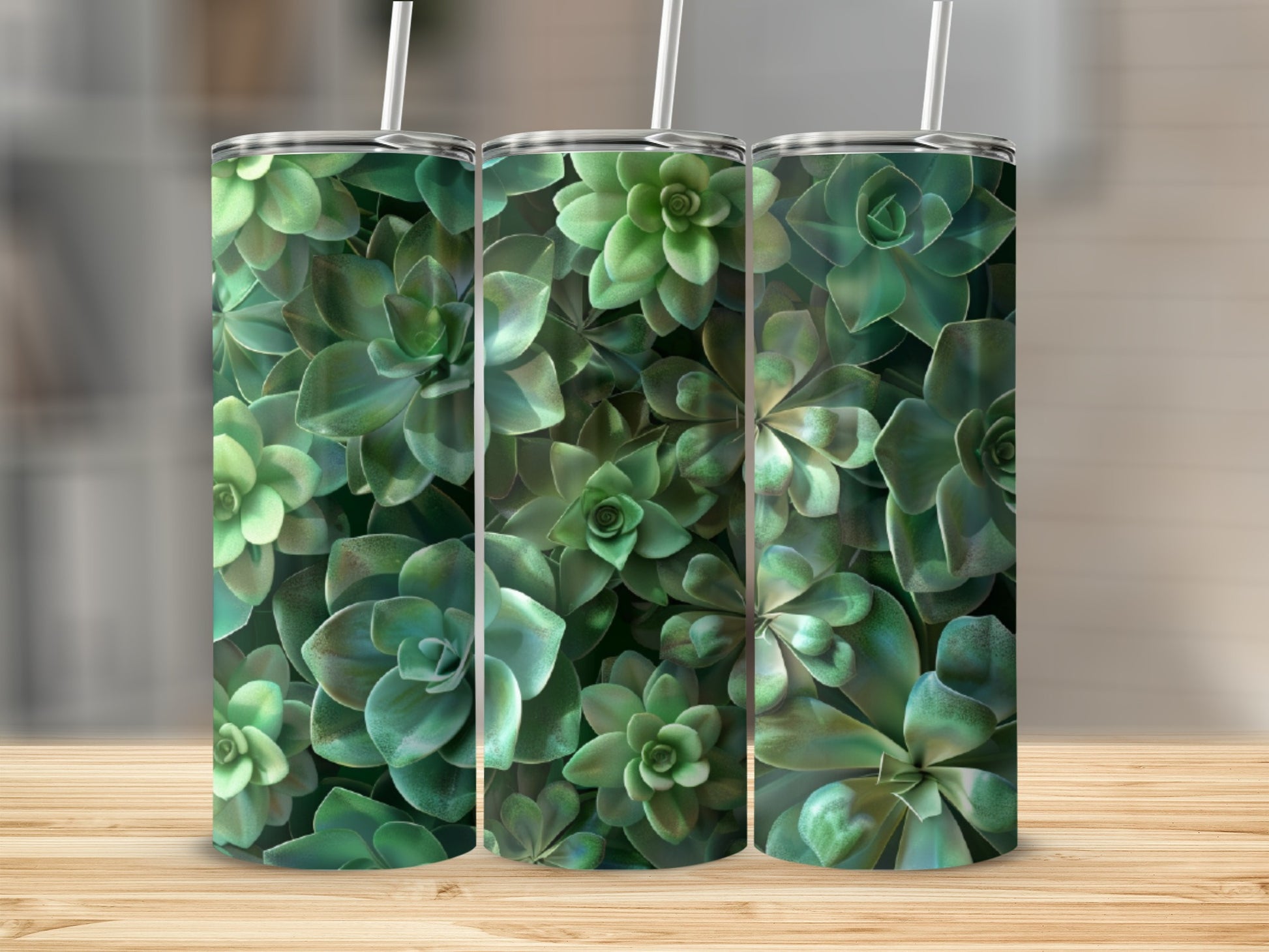 Three tumblers with a close-up pattern of lush green succulent plants.