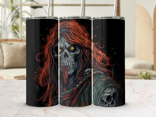 Three tumblers display a gothic design of a zombie with red hair and glowing eyes.