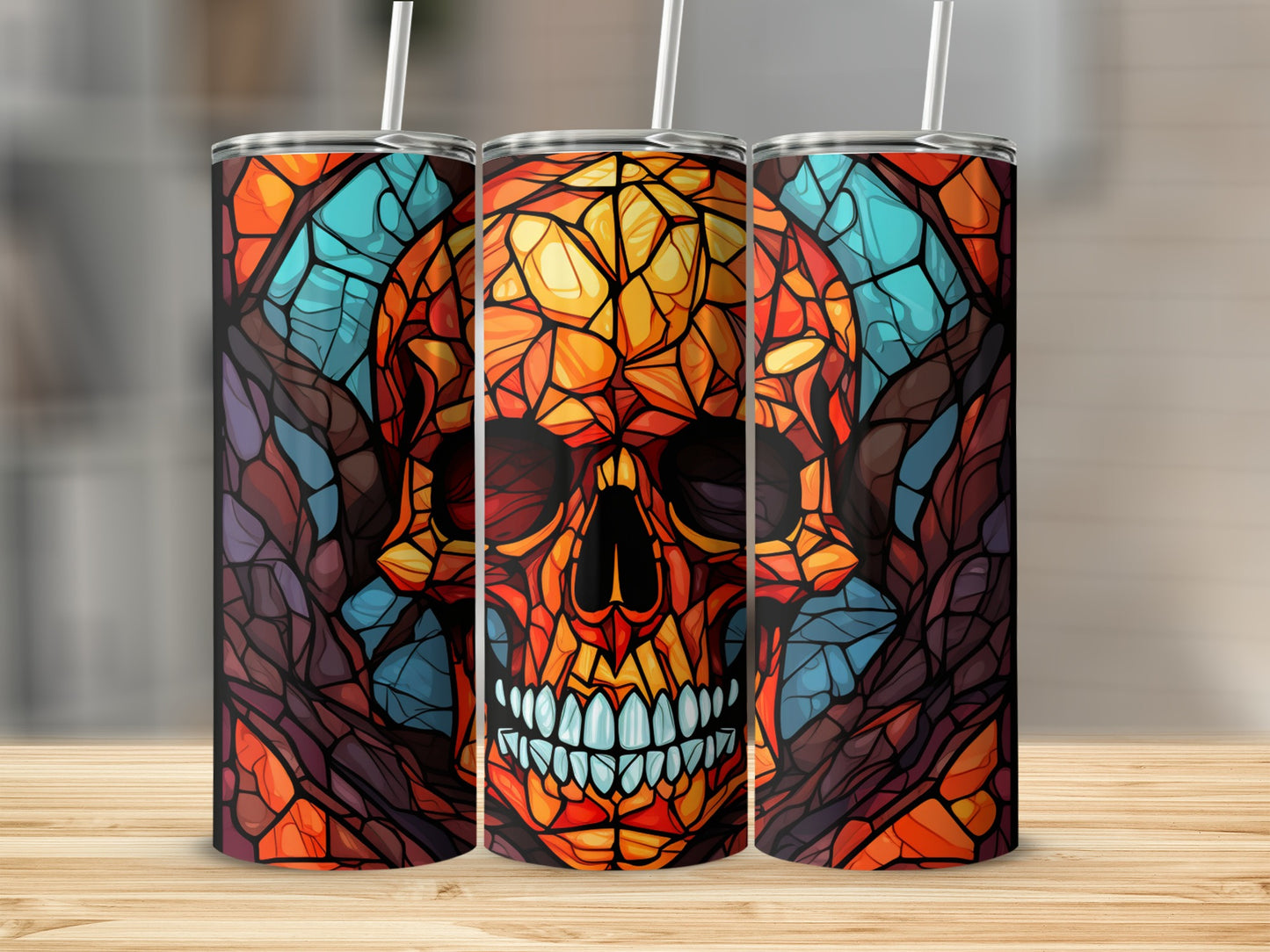 Stained glass skull tumbler design with orange, blue, and brown geometric patterns.