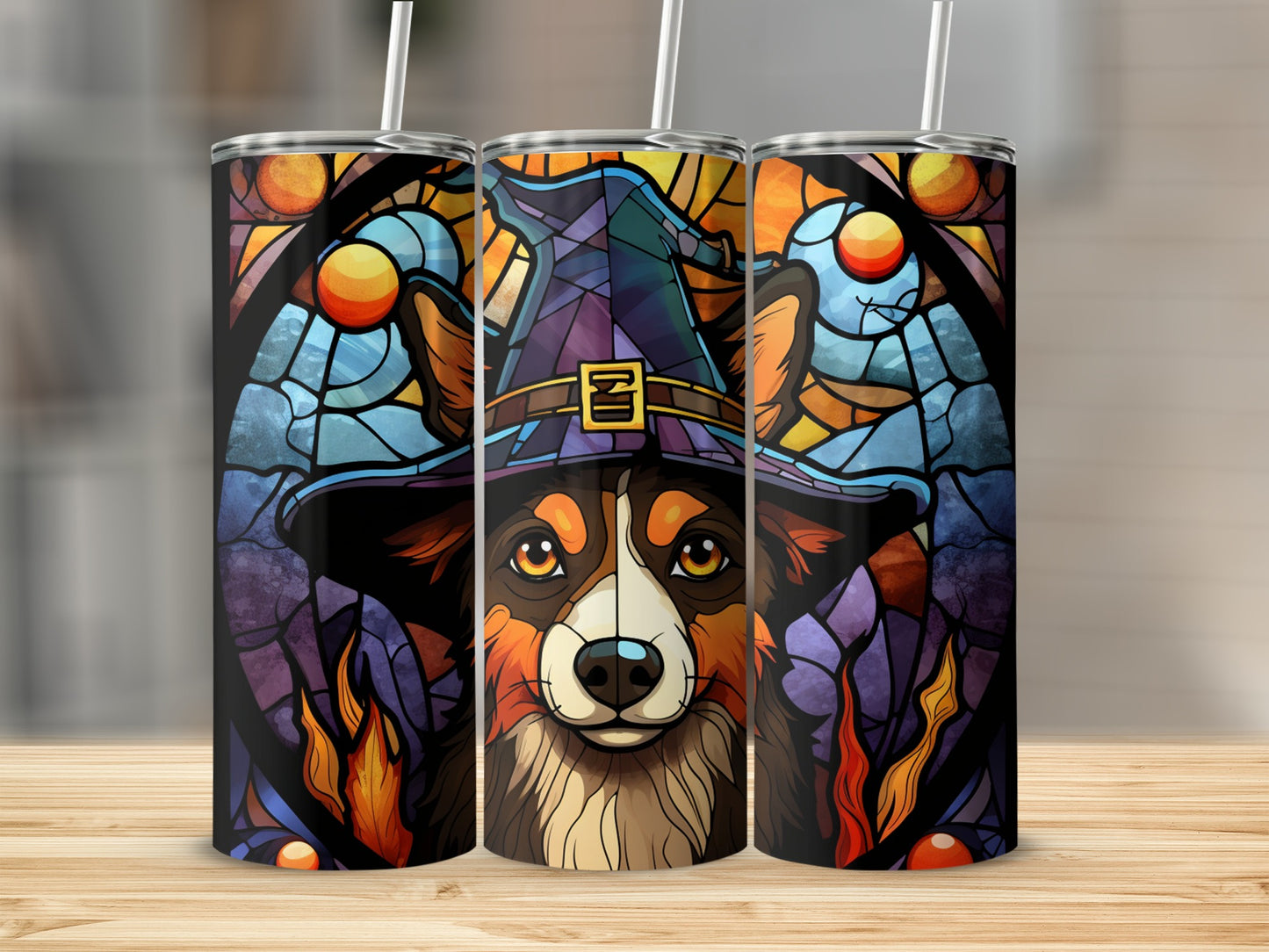 Corgi wearing a witch hat with stained glass and flames design on a tumbler.