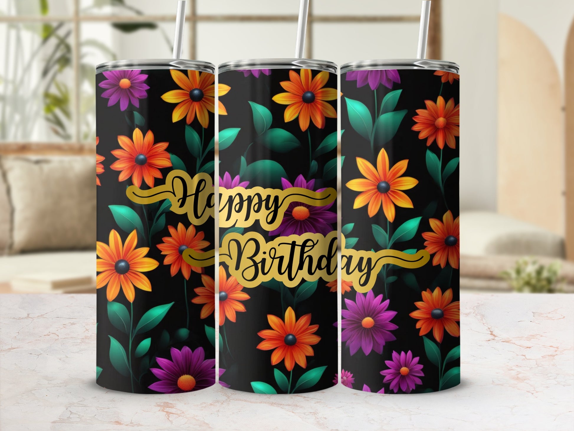 Happy Birthday tumbler with colorful floral pattern on black background.