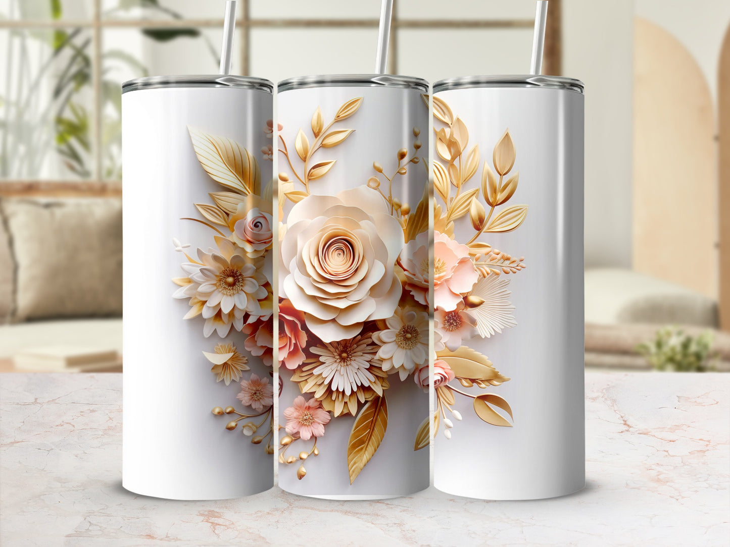 Elegant Floral Design Insulated Tumbler with Straw