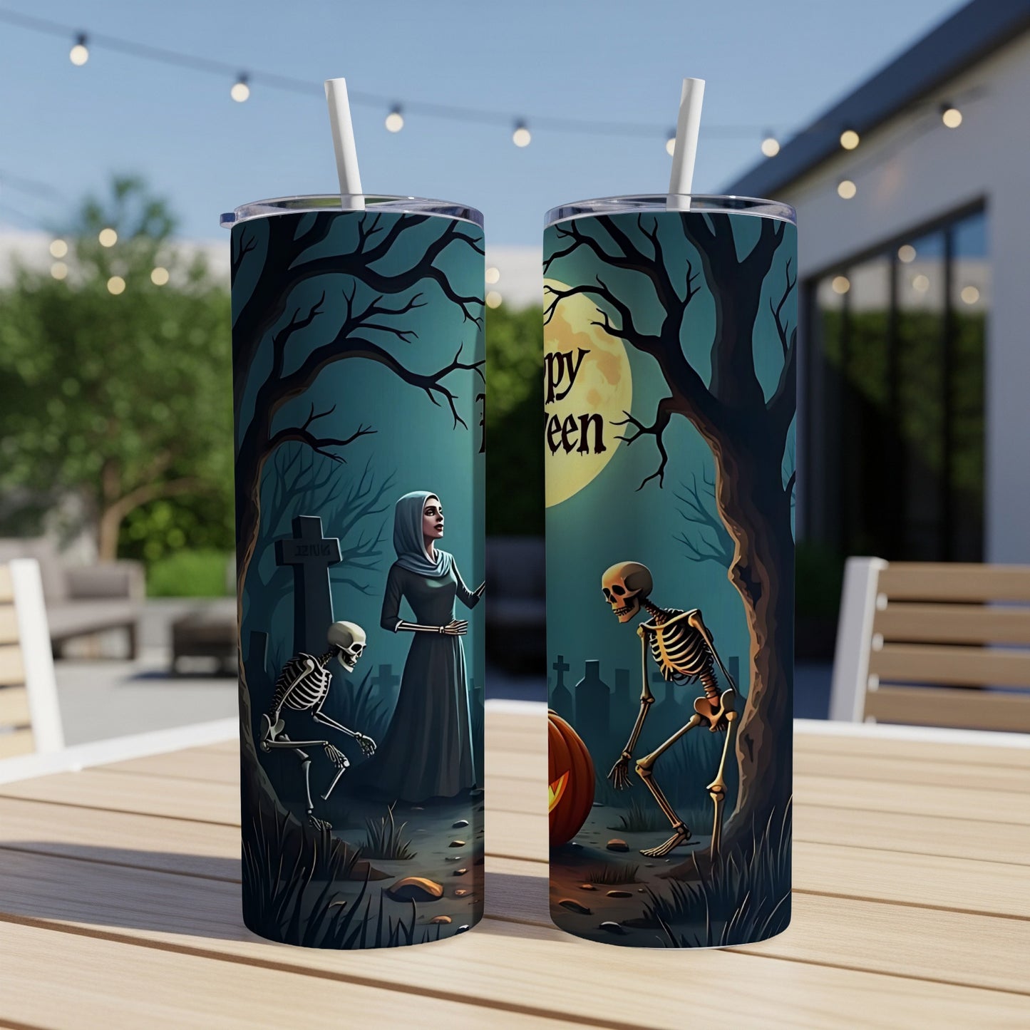Two tumblers with a Halloween graveyard scene and "Happy Halloween" text.
