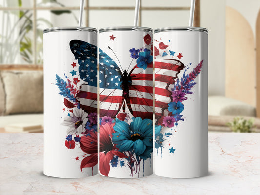 Three white tumblers featuring a butterfly design with American flag wings and floral accents.