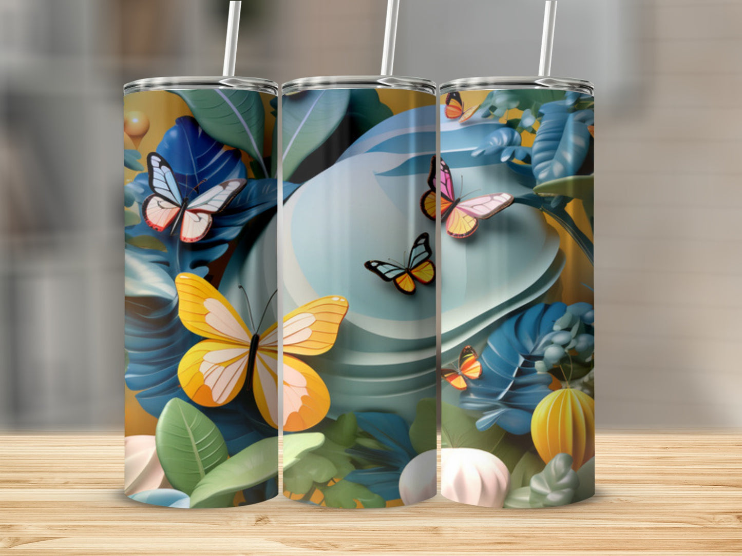 Tall tumbler with tropical leaves and colorful butterflies.